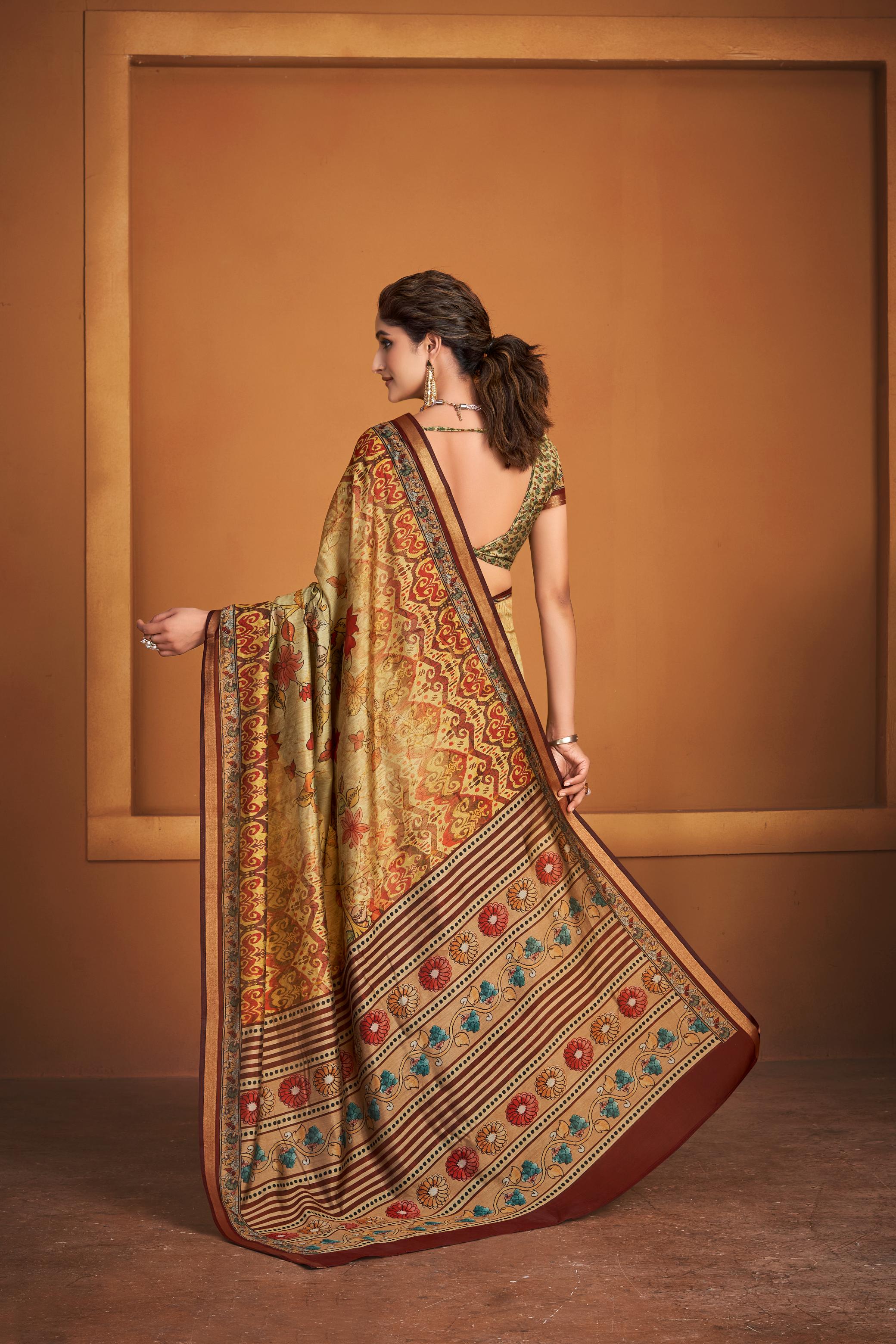 Ajrakh With Kalamkari Hand Block Print Maslin Silk Saree And Maheshwari Border Add Pretty Blouse KM1-4