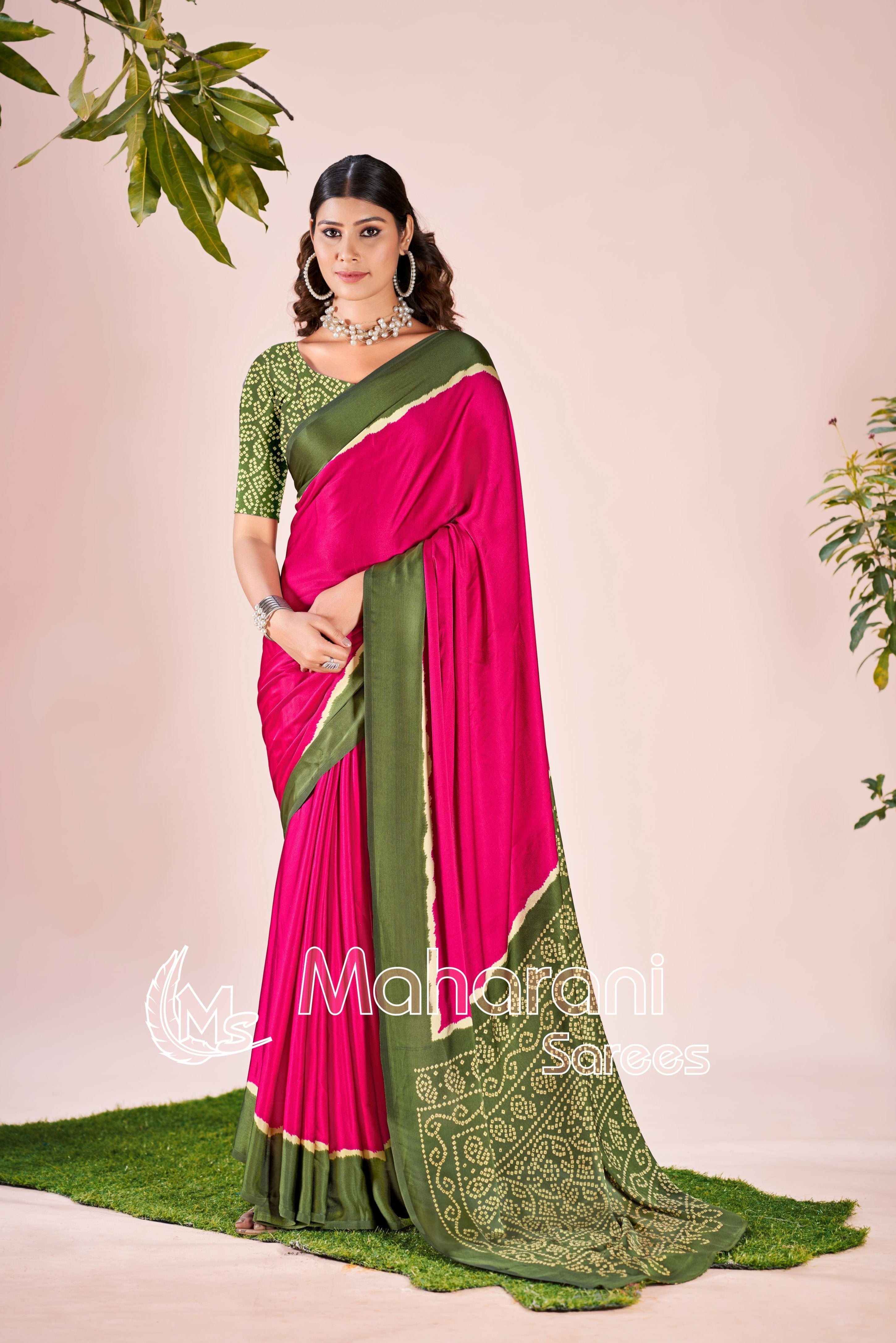 Rani Printed Modal Silk Plain Saree With Ajrakh Bandhani Blouse P8