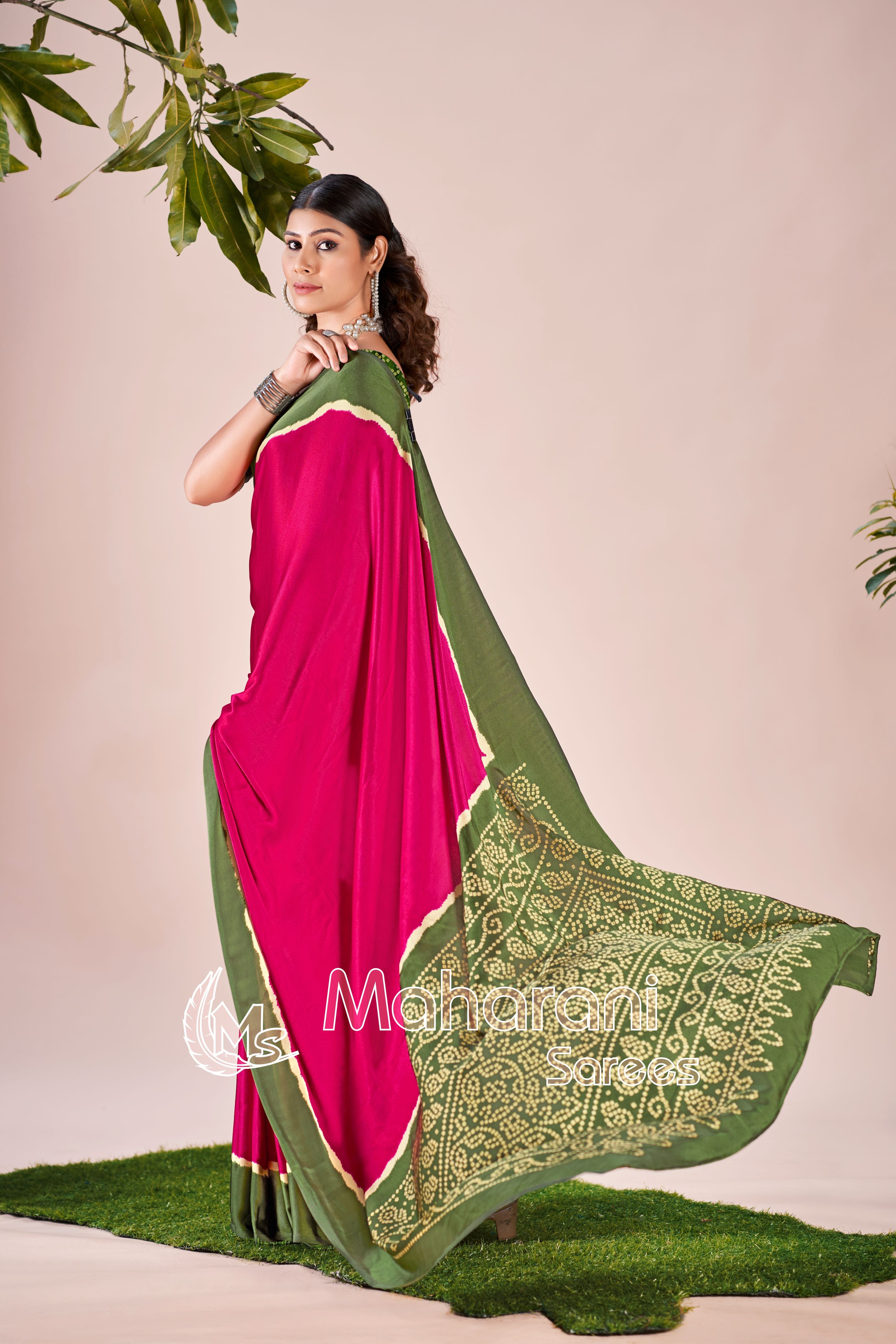 Rani Printed Modal Silk Plain Saree With Ajrakh Bandhani Blouse P8