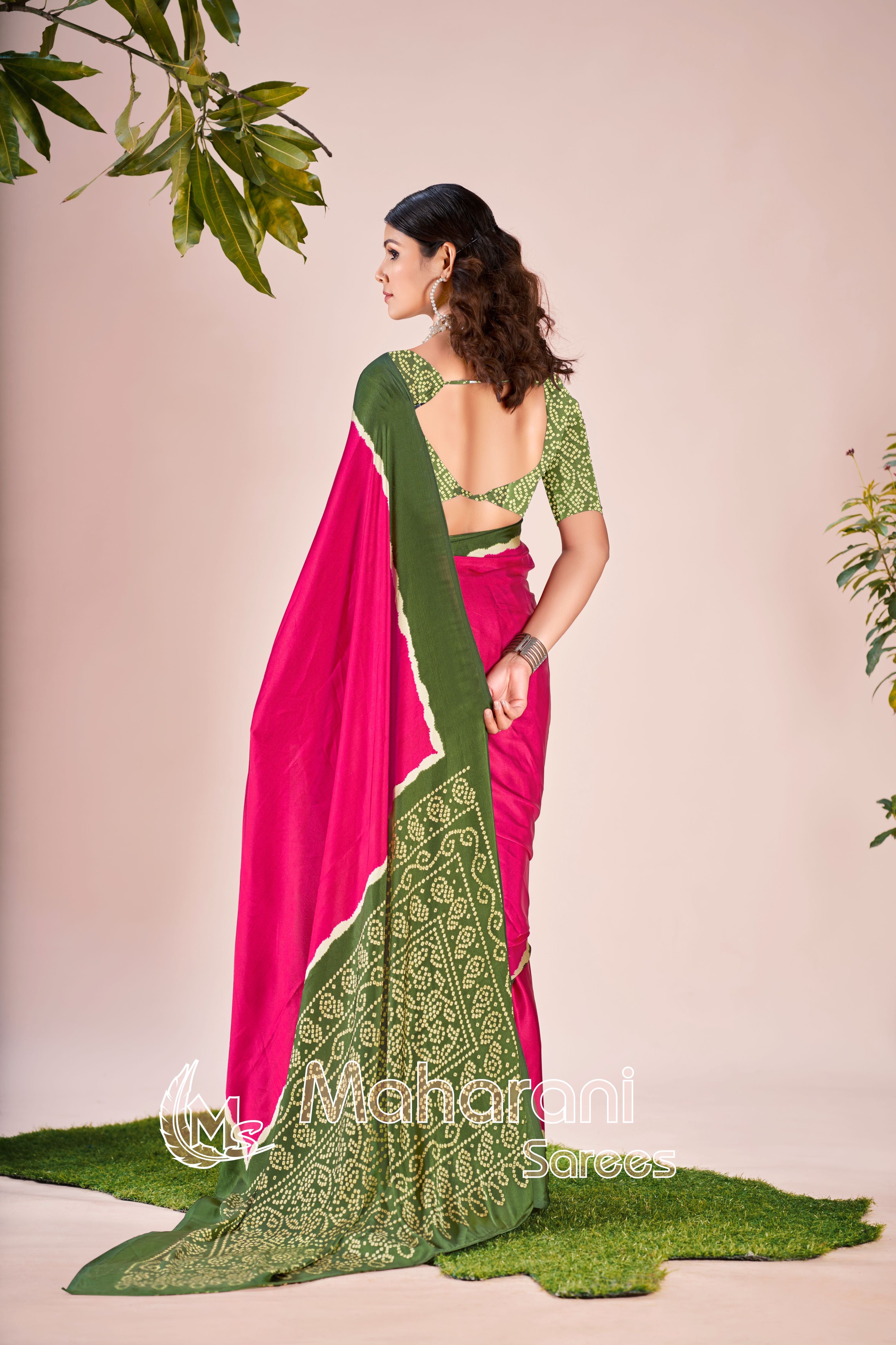 Rani Printed Modal Silk Plain Saree With Ajrakh Bandhani Blouse P8