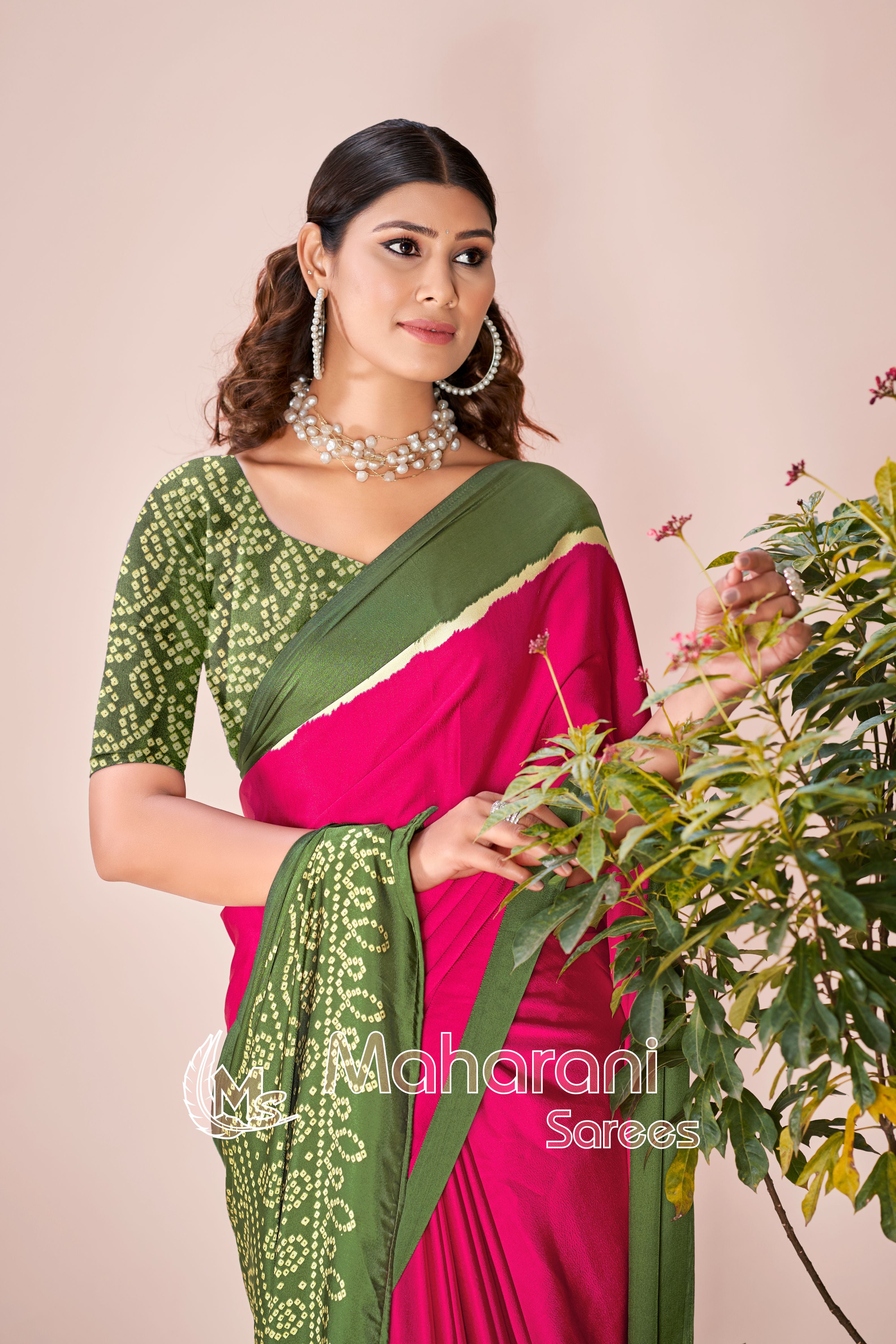 Rani Printed Modal Silk Plain Saree With Ajrakh Bandhani Blouse P8