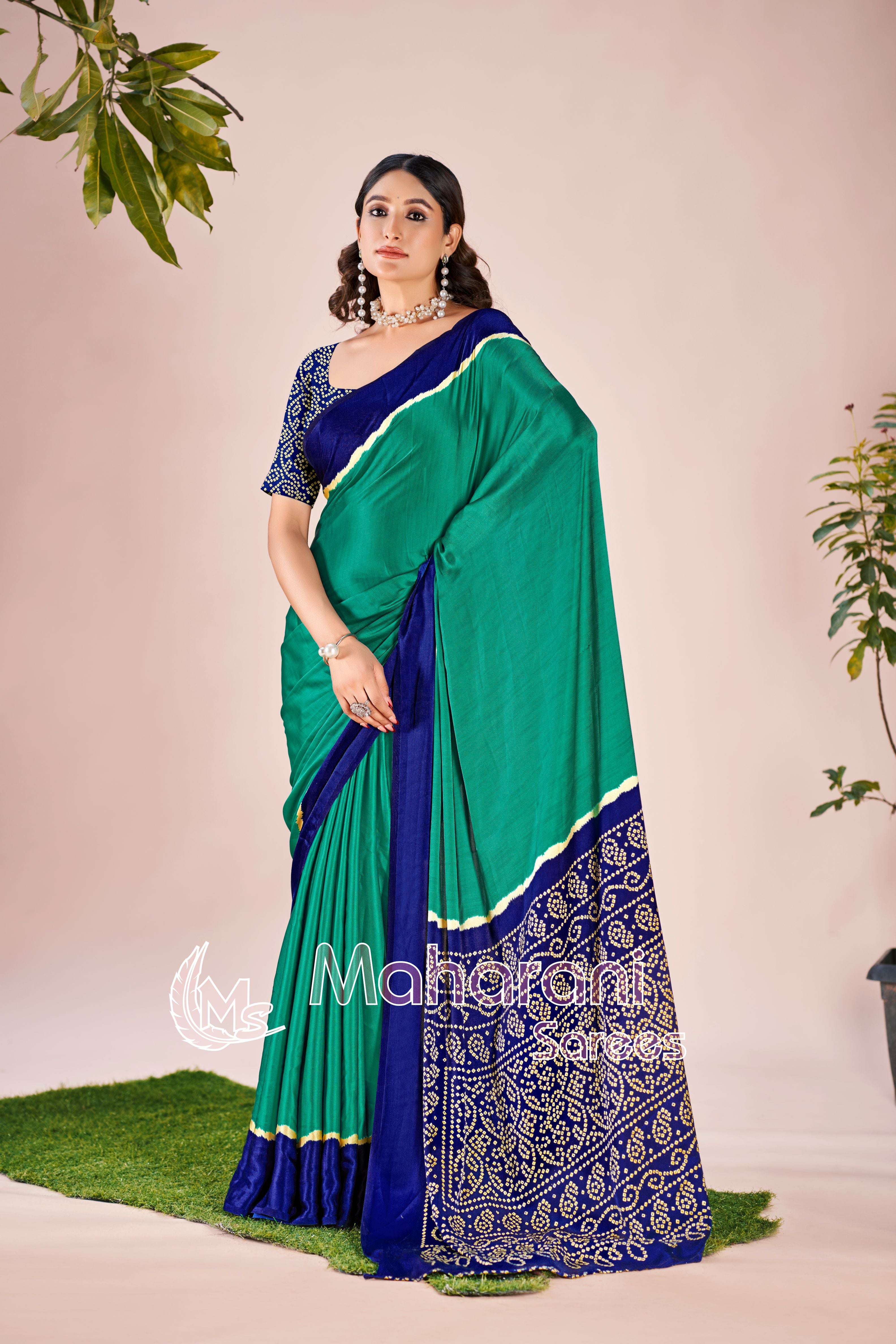 Soft Green Printed Modal Silk Plain Saree With Ajrakh Bandhani Blouse P8