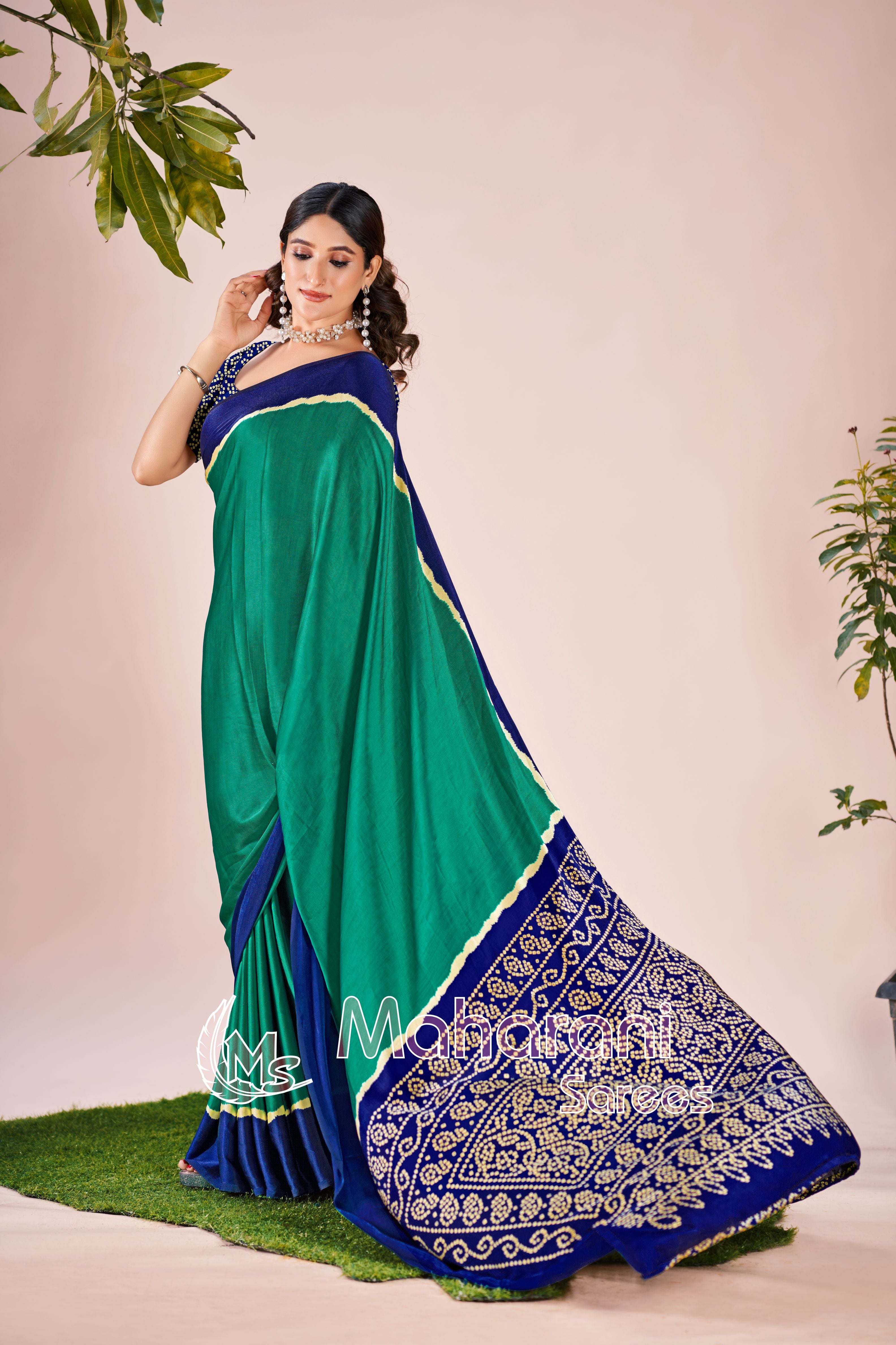 Soft Green Printed Modal Silk Plain Saree With Ajrakh Bandhani Blouse P8