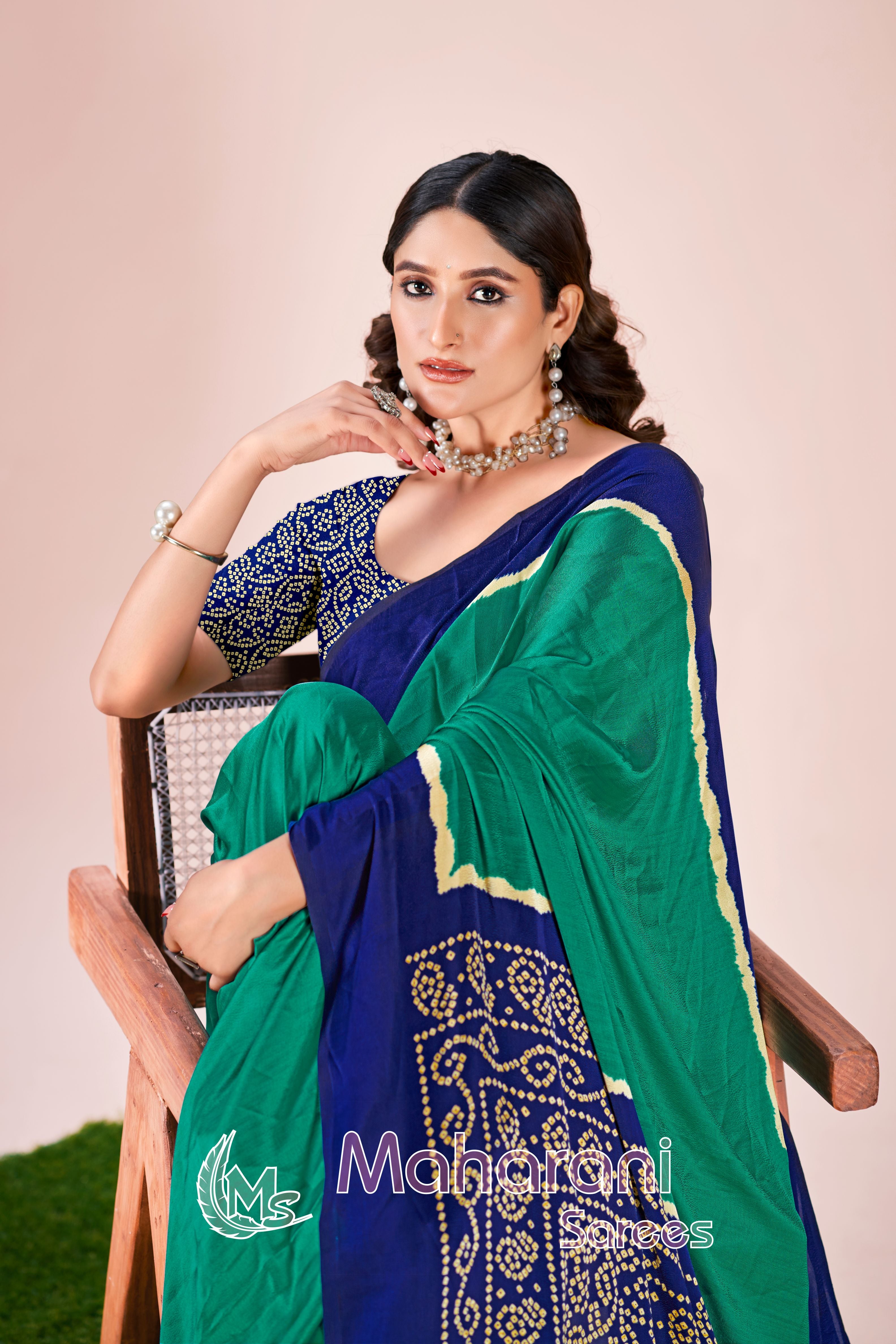 Soft Green Printed Modal Silk Plain Saree With Ajrakh Bandhani Blouse P8