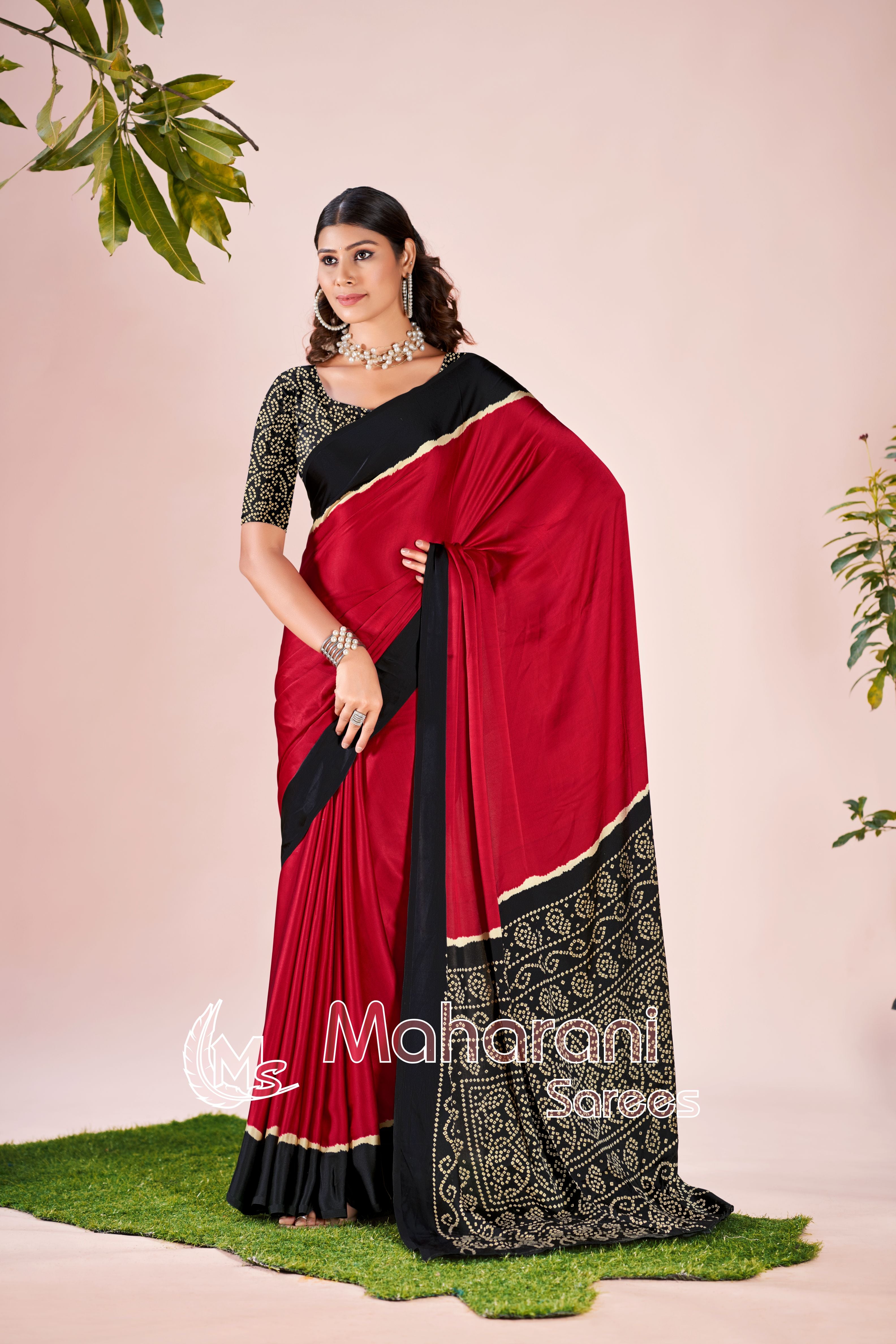 Redish Maroon Printed Modal Silk Plain Saree With Ajrakh Bandhani Blouse P8