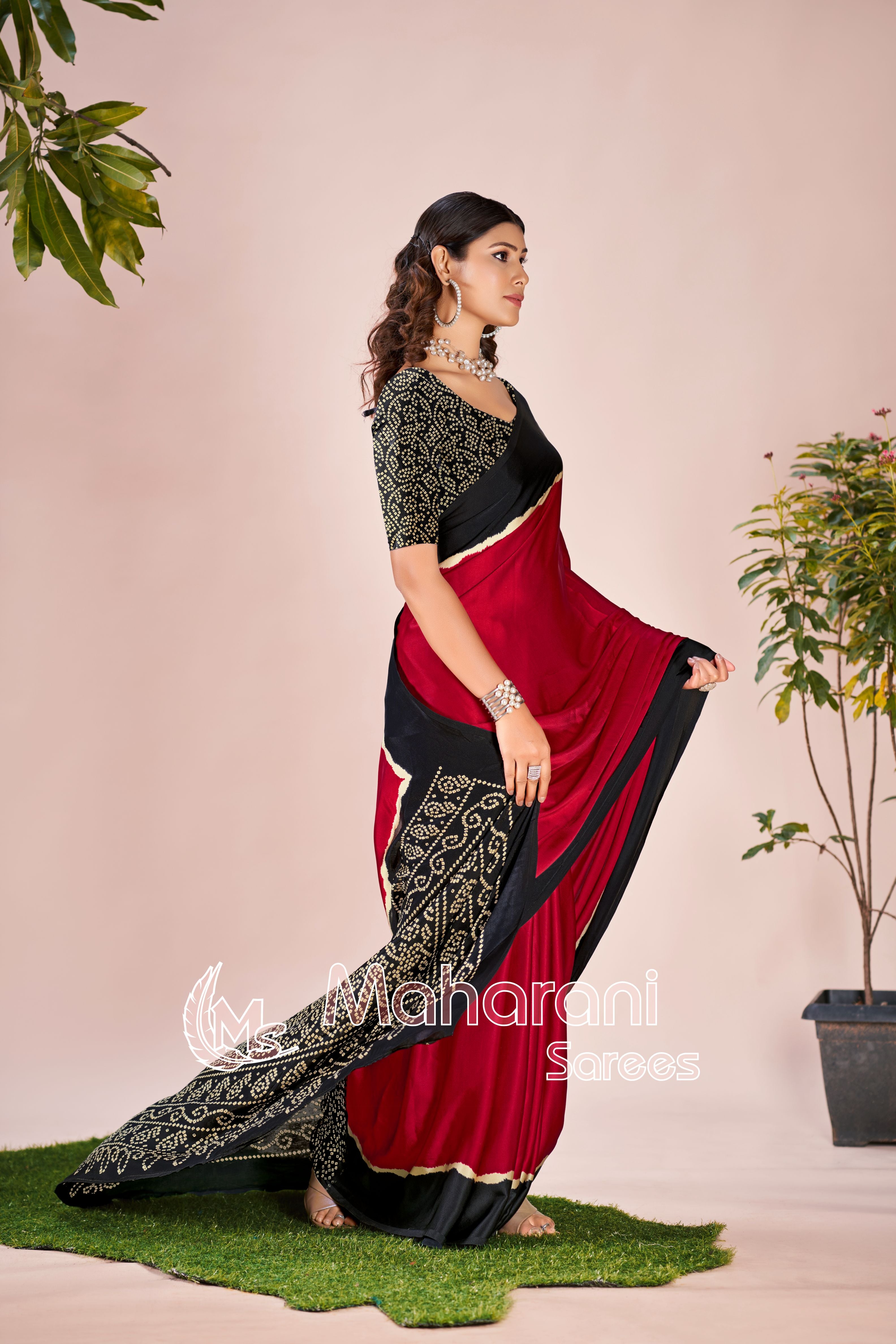 Redish Maroon Printed Modal Silk Plain Saree With Ajrakh Bandhani Blouse P8