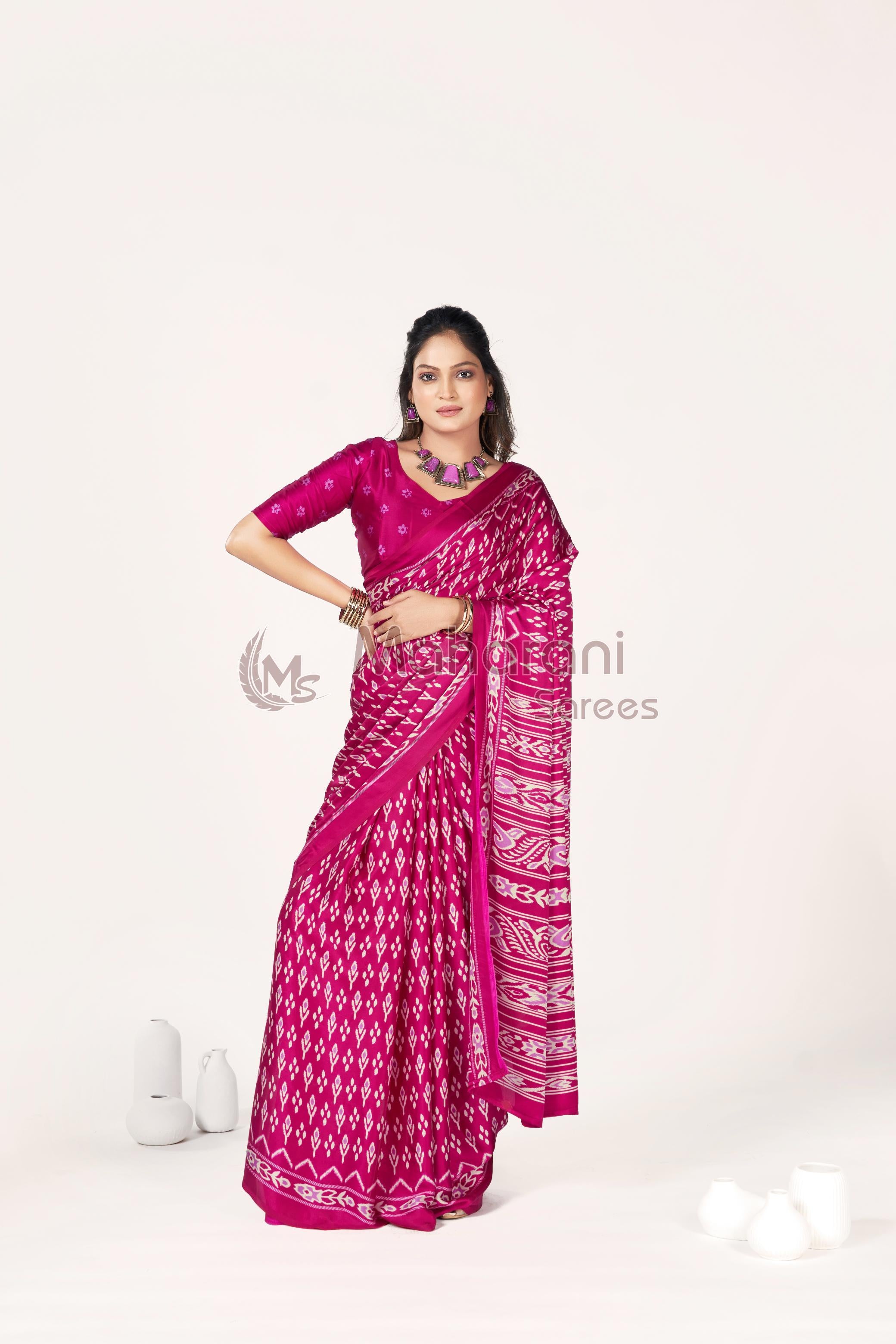 Rani Ajrakh Patola Natural Printed Soft Modal Silk Saree