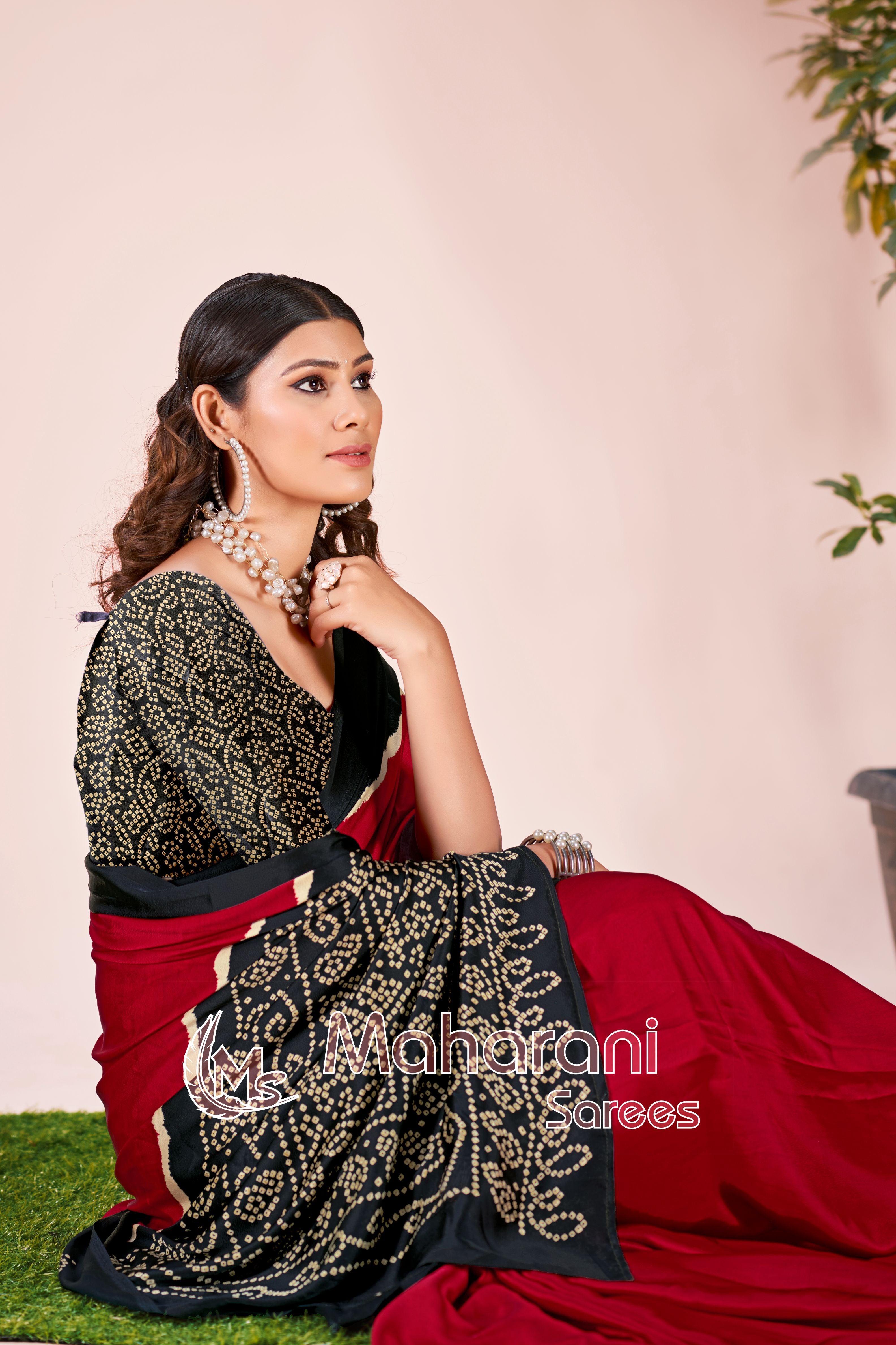 Redish Maroon Printed Modal Silk Plain Saree With Ajrakh Bandhani Blouse P8