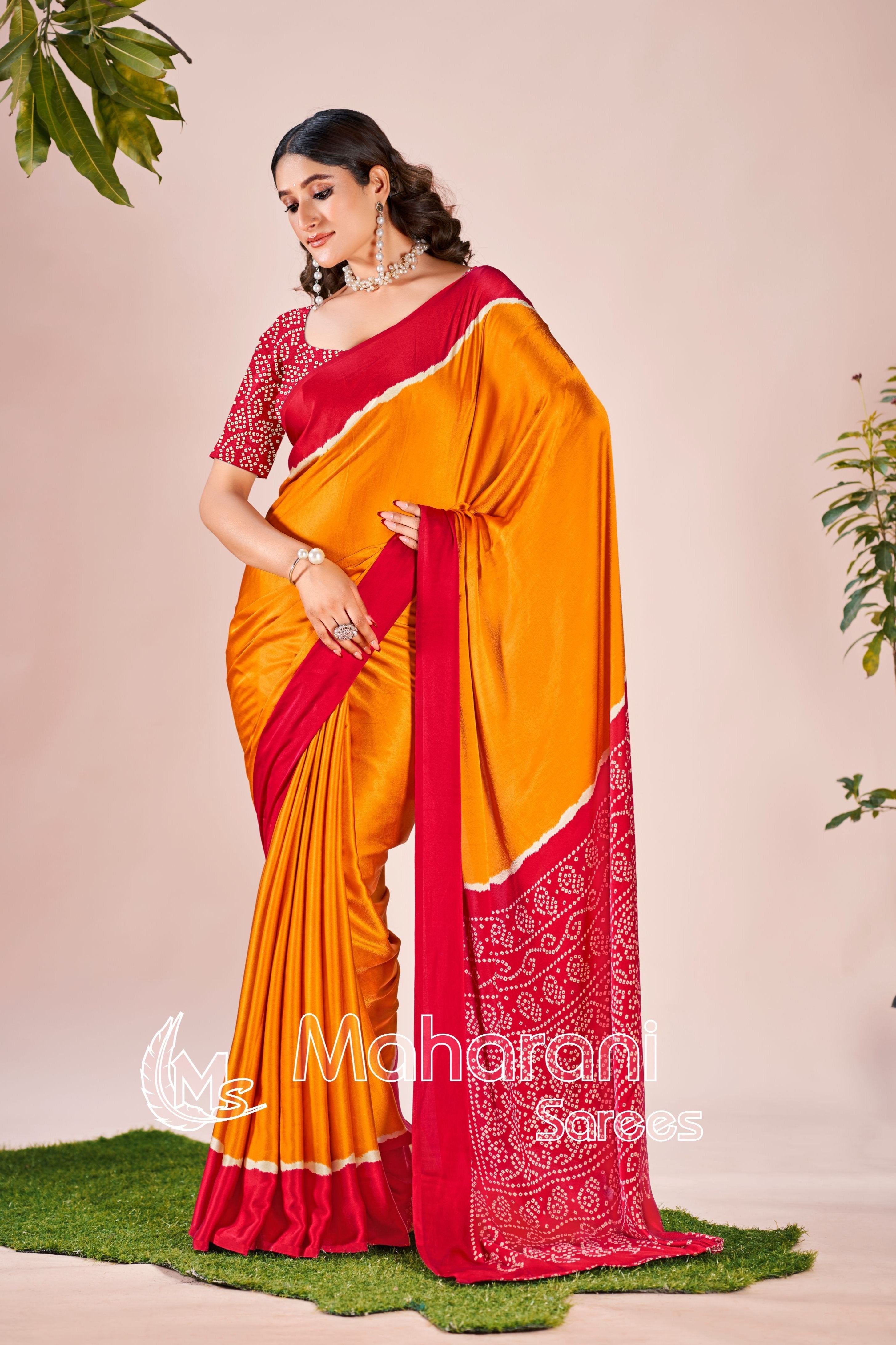 Musterd Printed Modal Silk Plain Saree With Ajrakh Bandhani Blouse P8