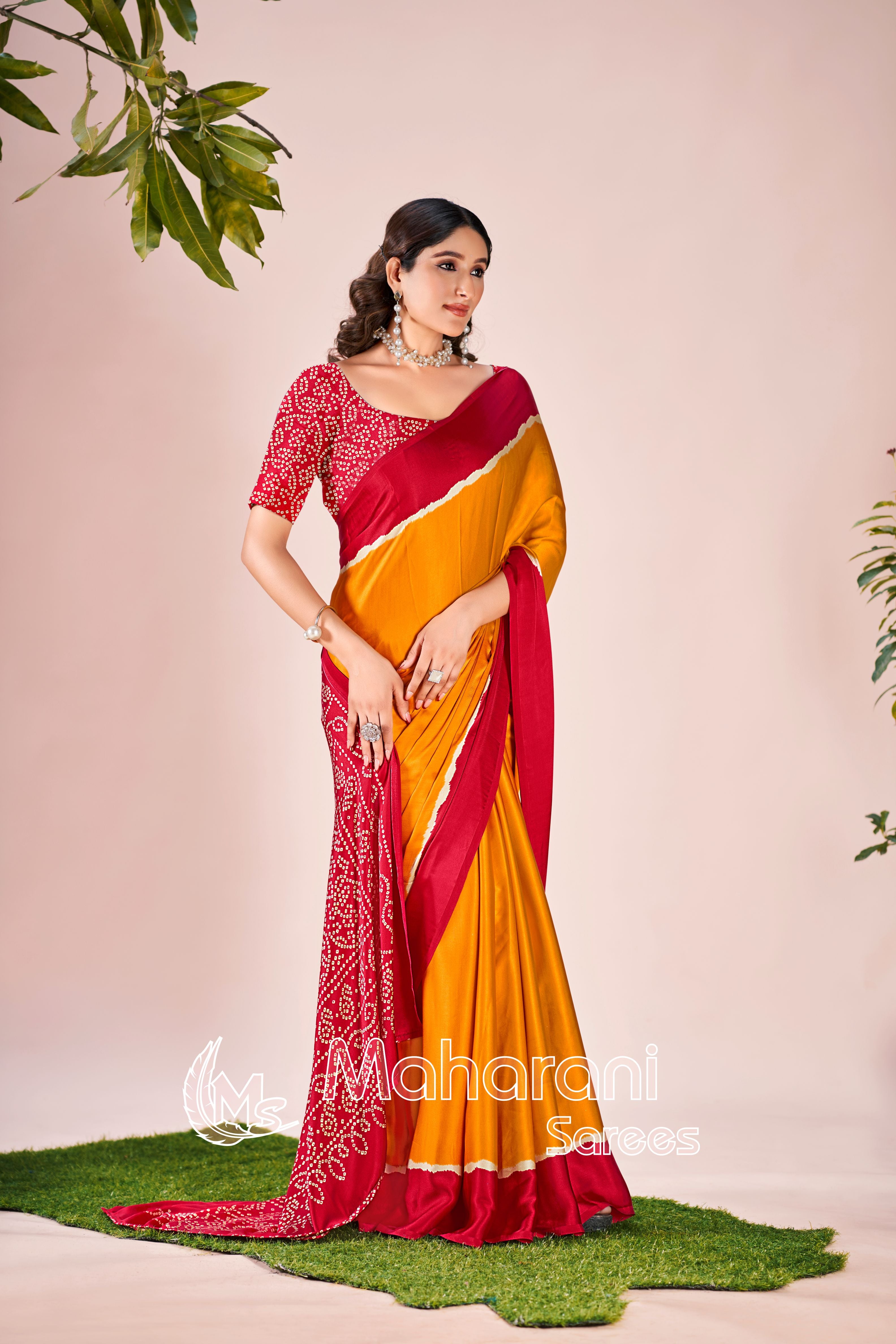 Musterd Printed Modal Silk Plain Saree With Ajrakh Bandhani Blouse P8