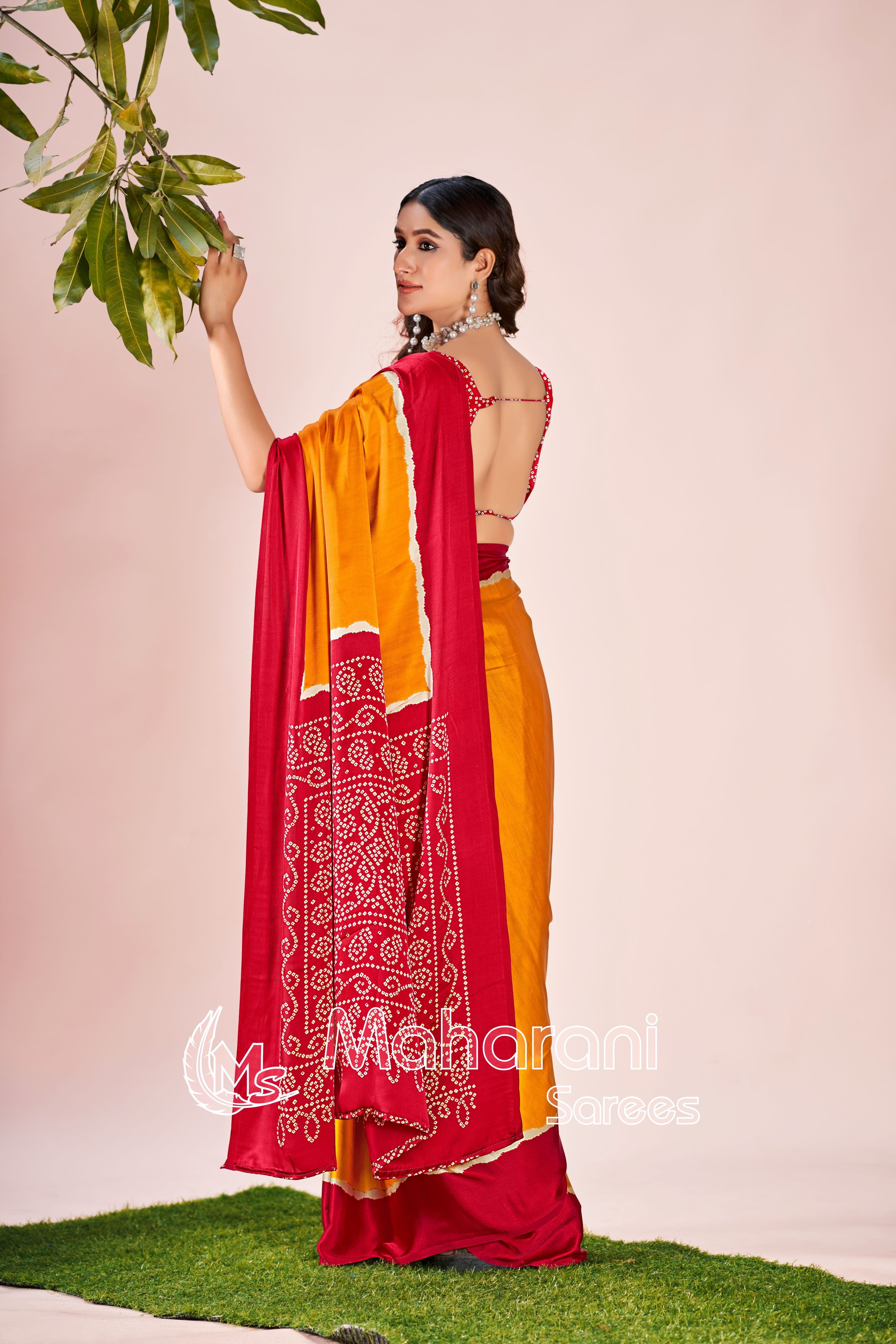 Musterd Printed Modal Silk Plain Saree With Ajrakh Bandhani Blouse P8