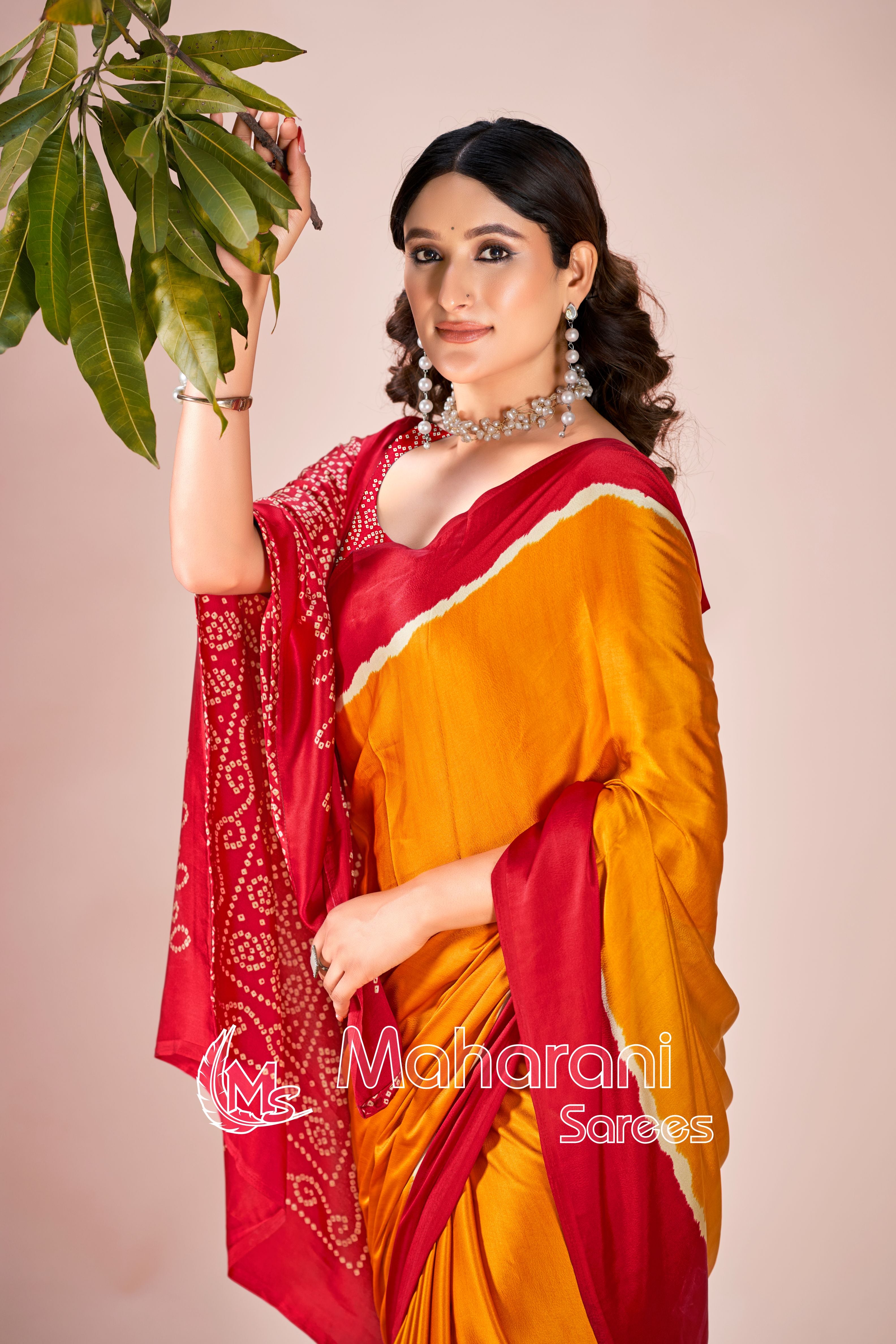 Musterd Printed Modal Silk Plain Saree With Ajrakh Bandhani Blouse P8