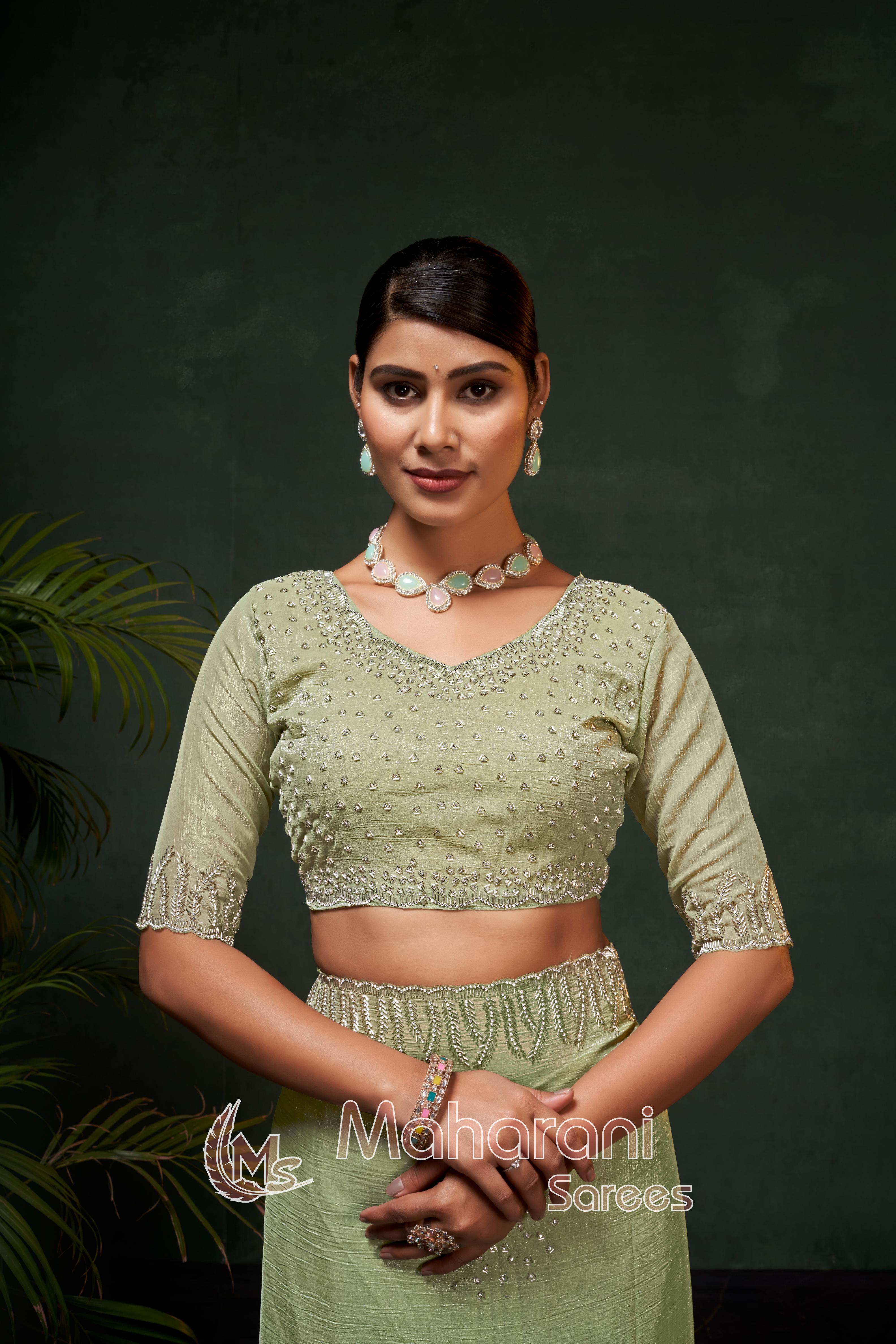 Luxe Moss Green Swarovski work Organza Silk Saree