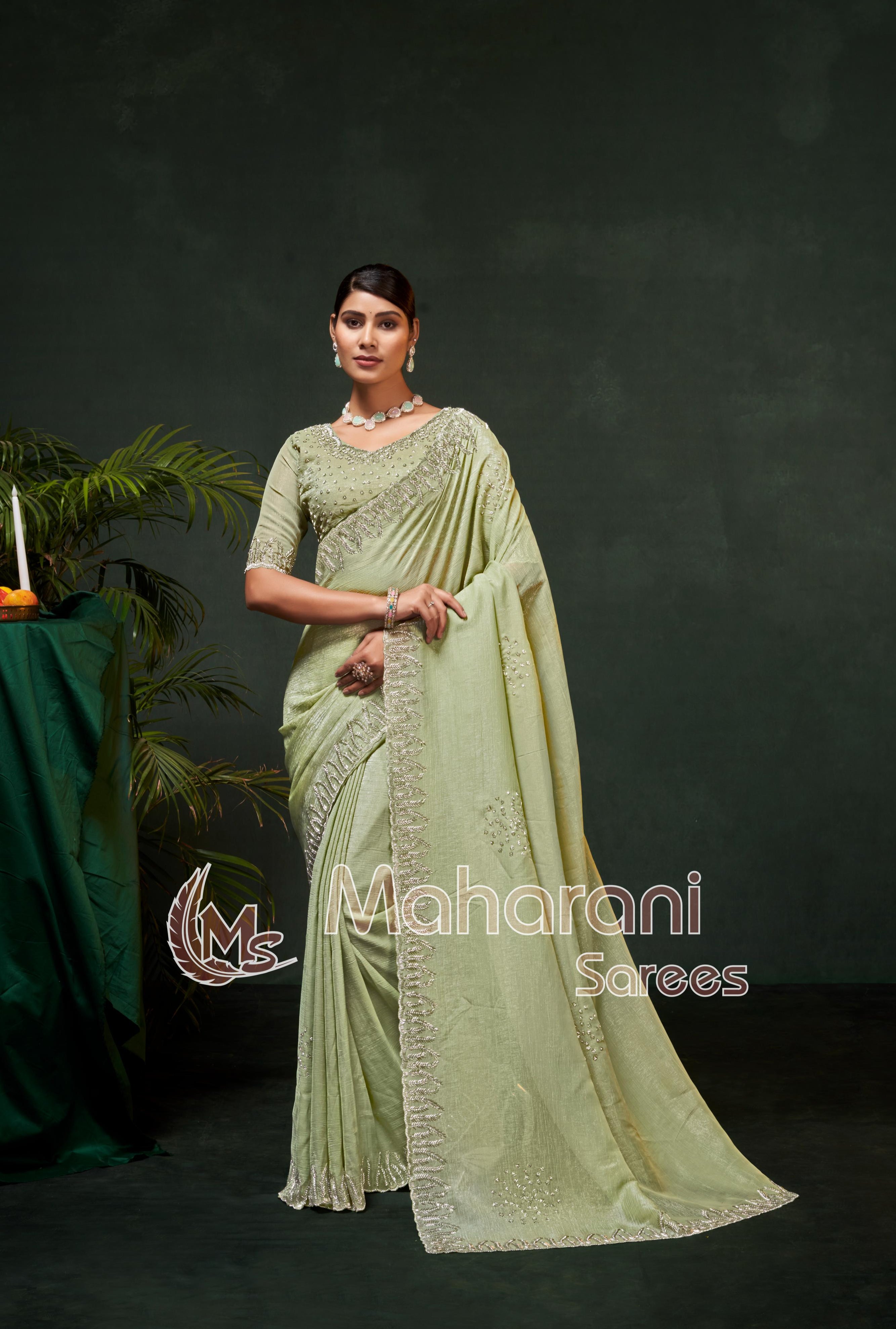 Luxe Moss Green Swarovski work Organza Silk Saree