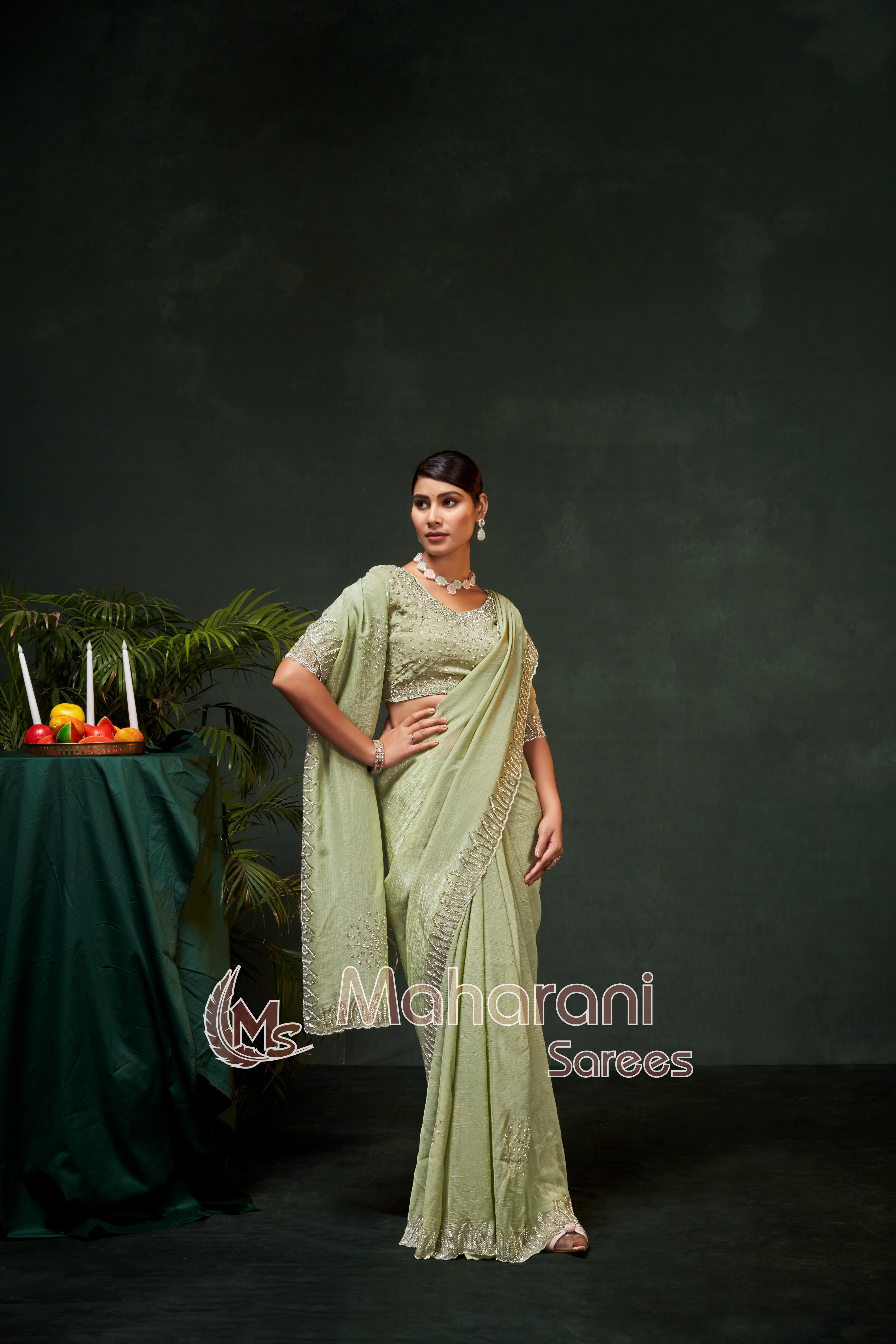 Luxe Moss Green Swarovski work Organza Silk Saree