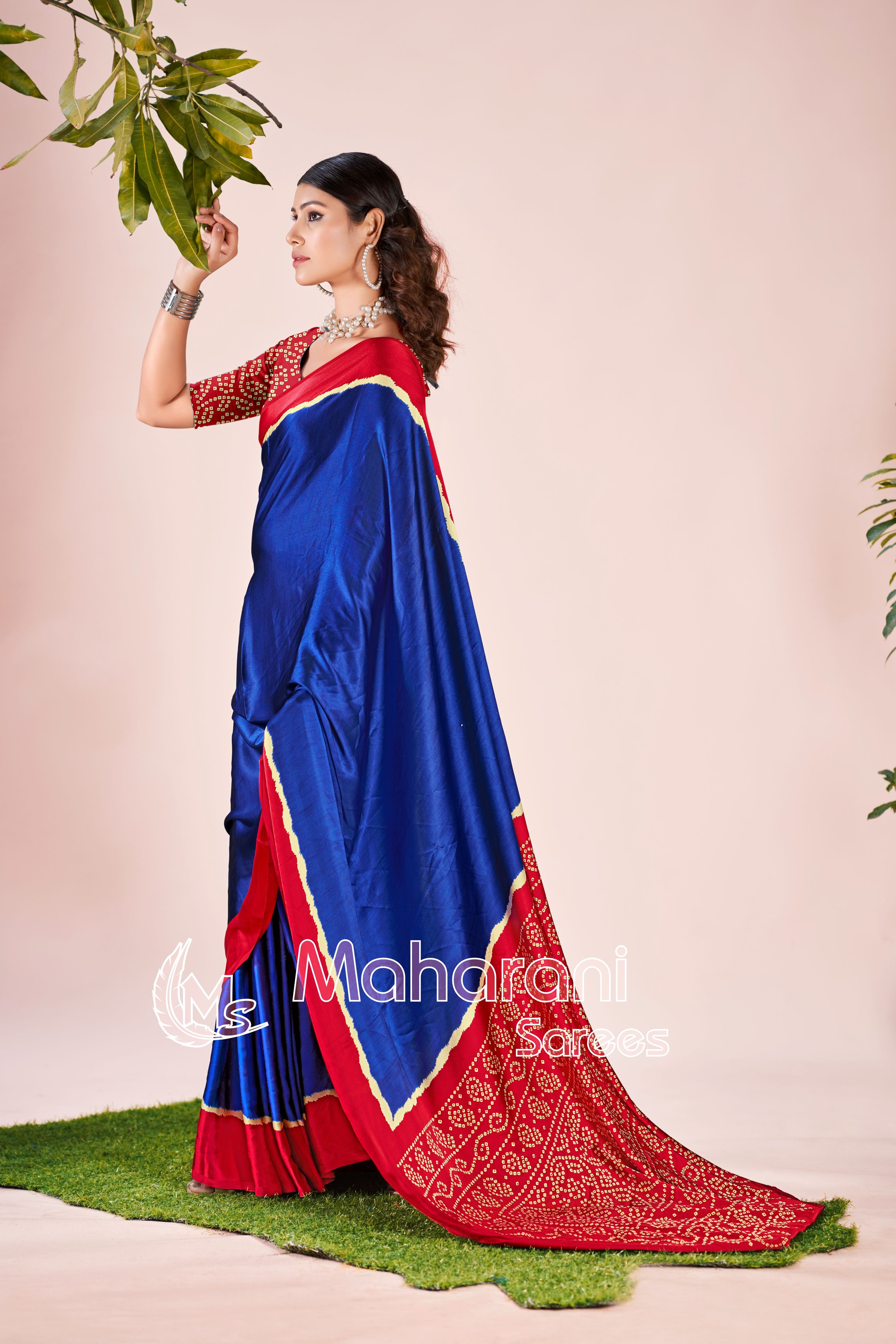 Blue Printed Modal Silk Plain Saree With Ajrakh Bandhani Blouse P8