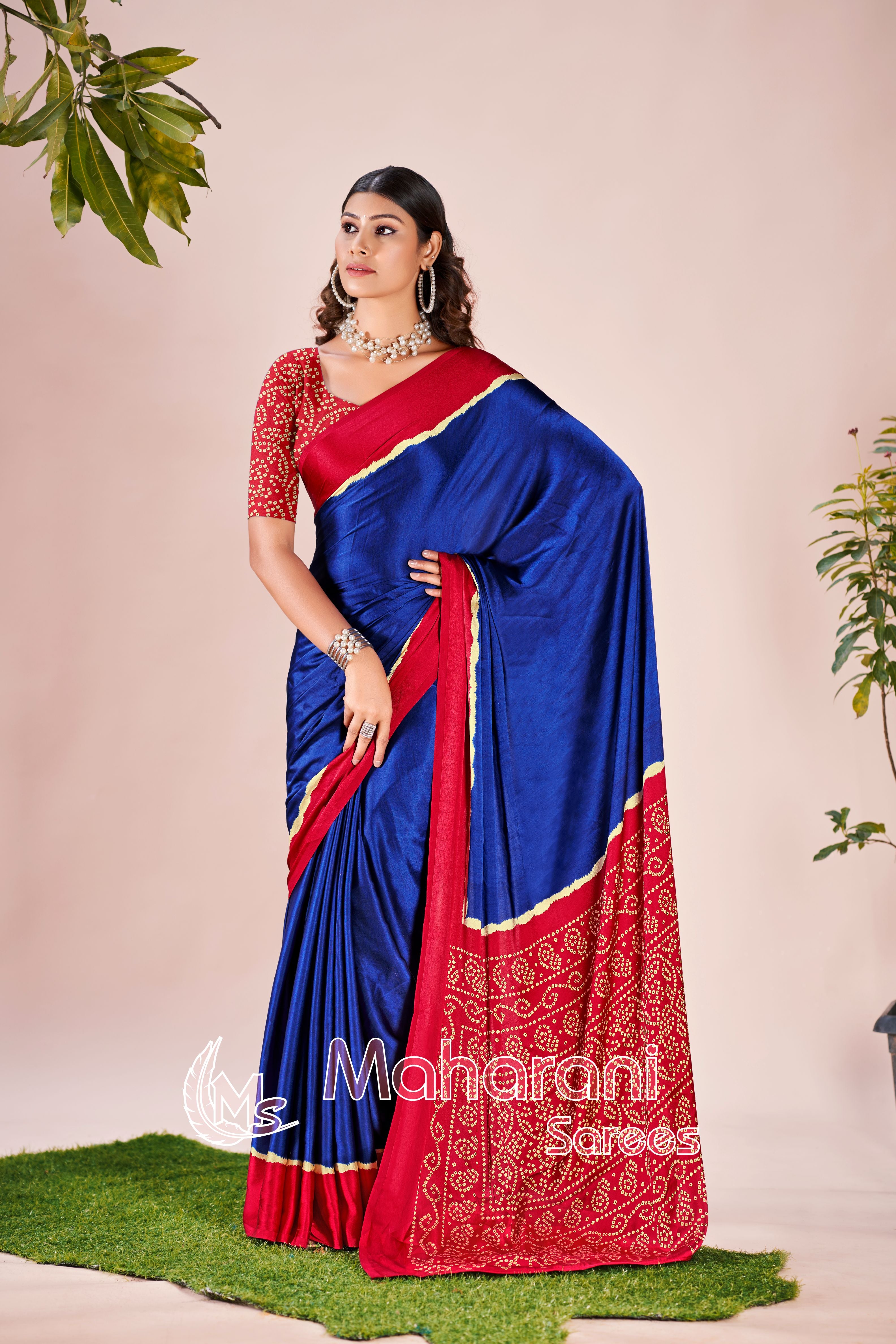 Blue Printed Modal Silk Plain Saree With Ajrakh Bandhani Blouse P8