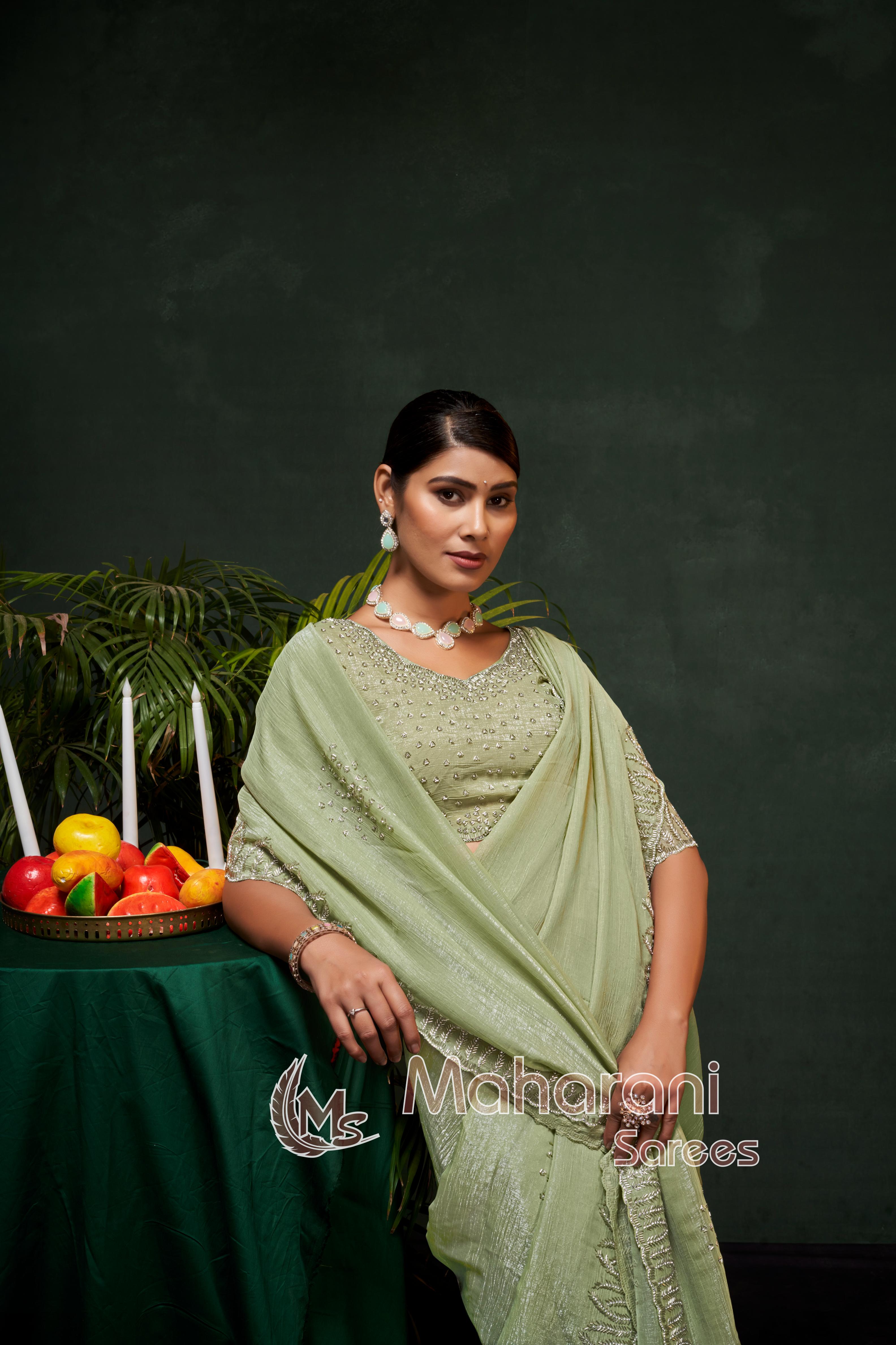 Luxe Moss Green Swarovski work Organza Silk Saree