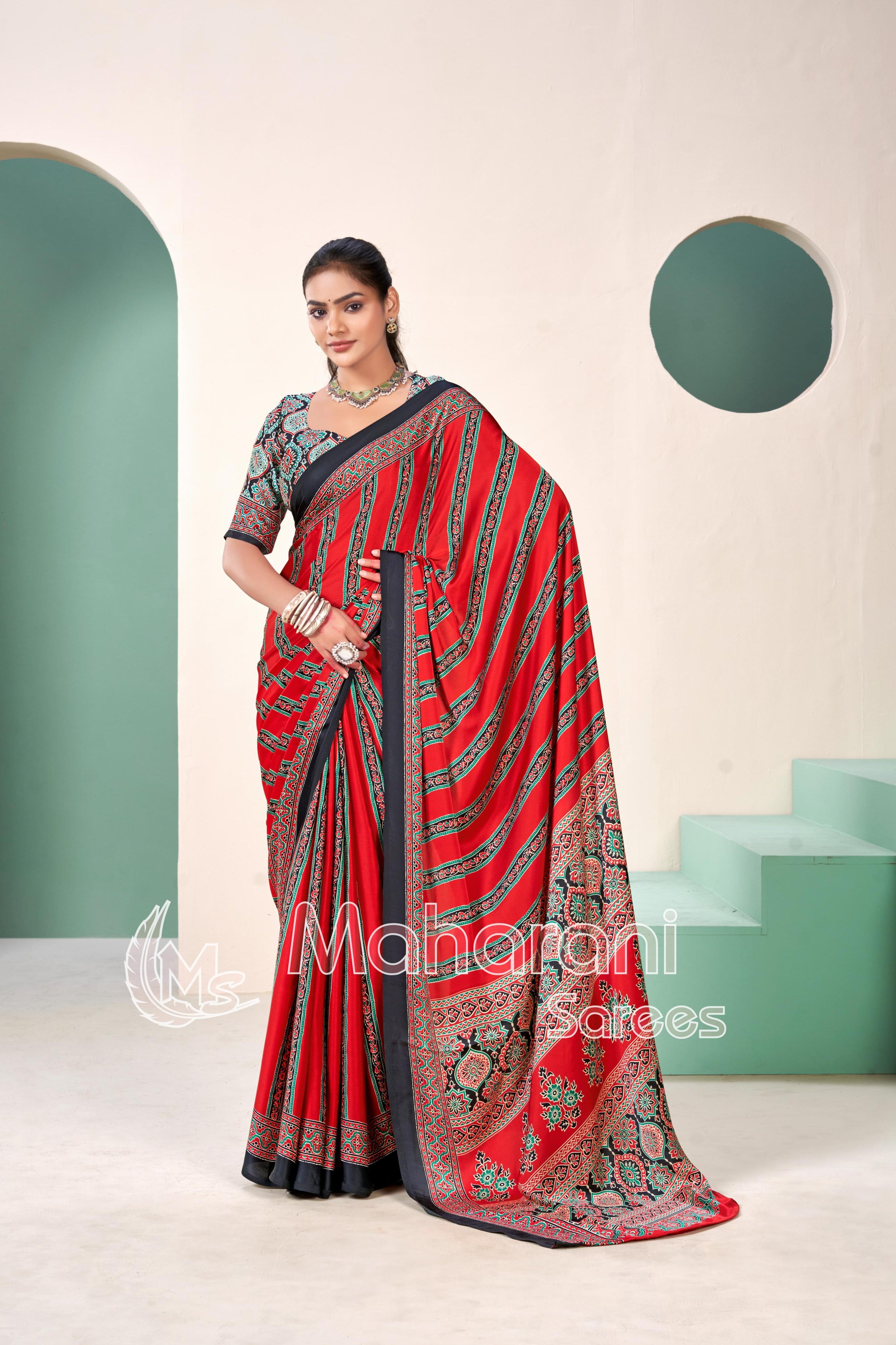 Red Premium Striped Ajrakh Hand-Printed Modal Silk Saree