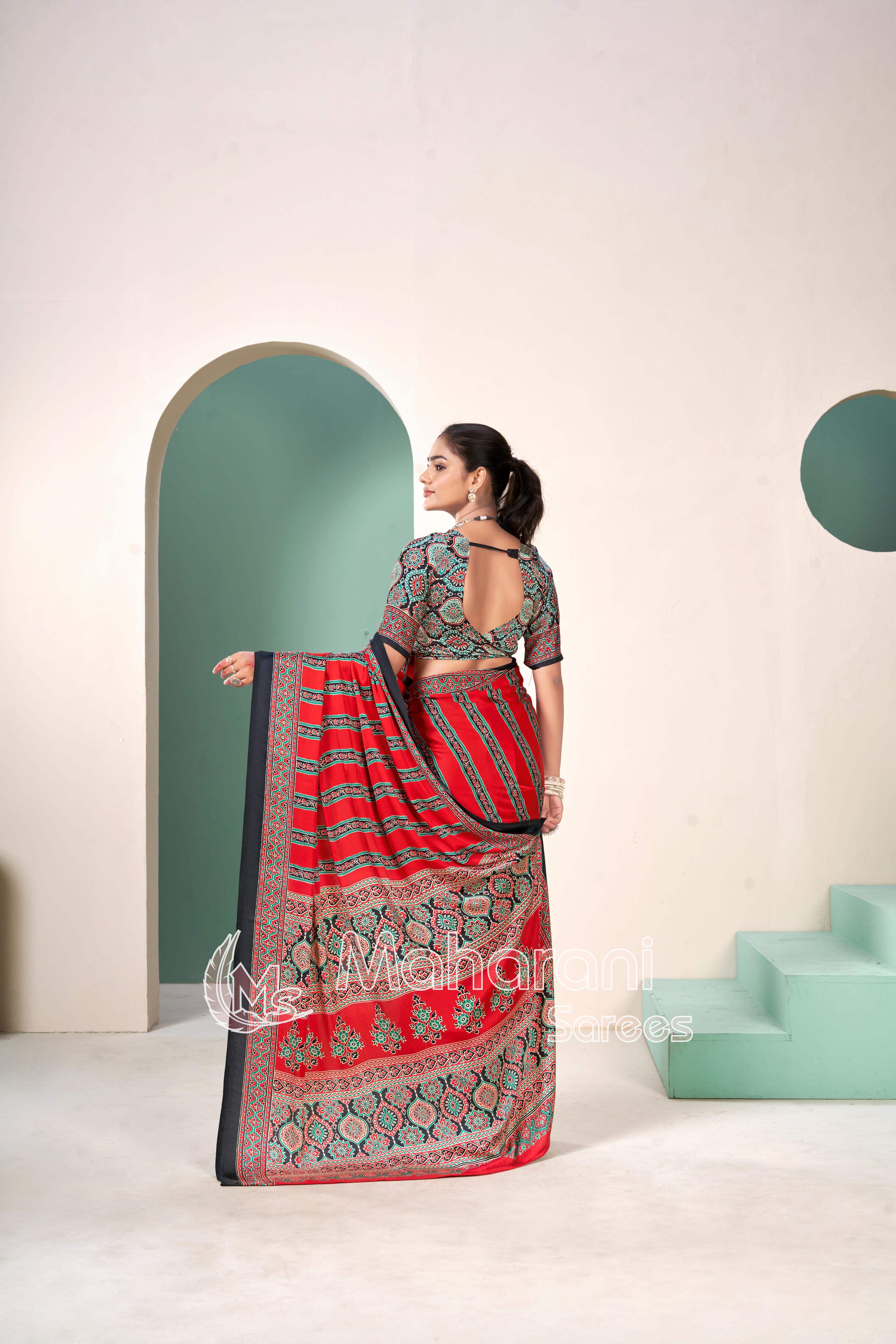 Red Premium Striped Ajrakh Hand-Printed Modal Silk Saree