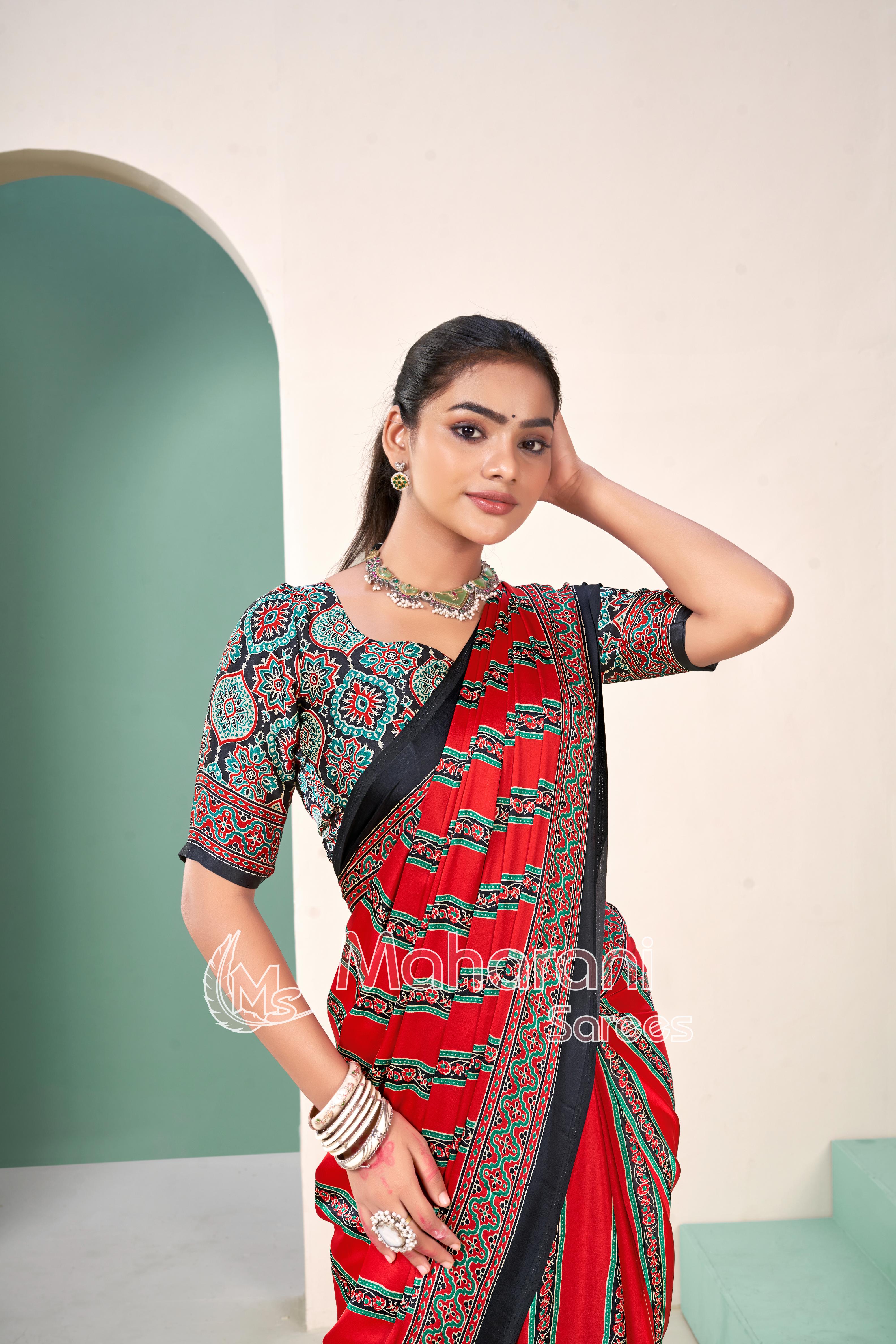 Red Premium Striped Ajrakh Hand-Printed Modal Silk Saree