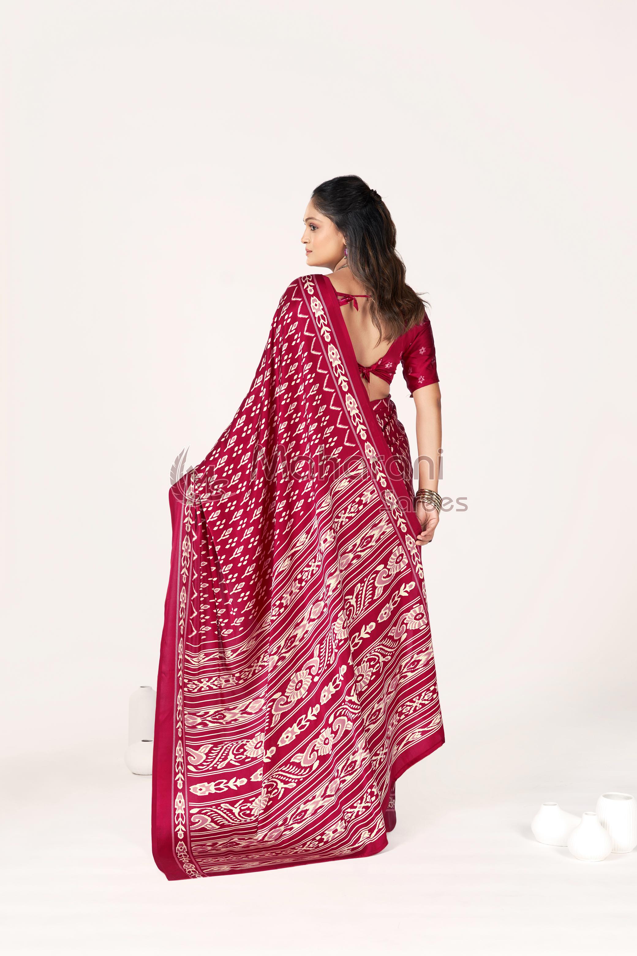 Maroon Ajrakh Patola Natural Printed Soft Modal Silk Saree