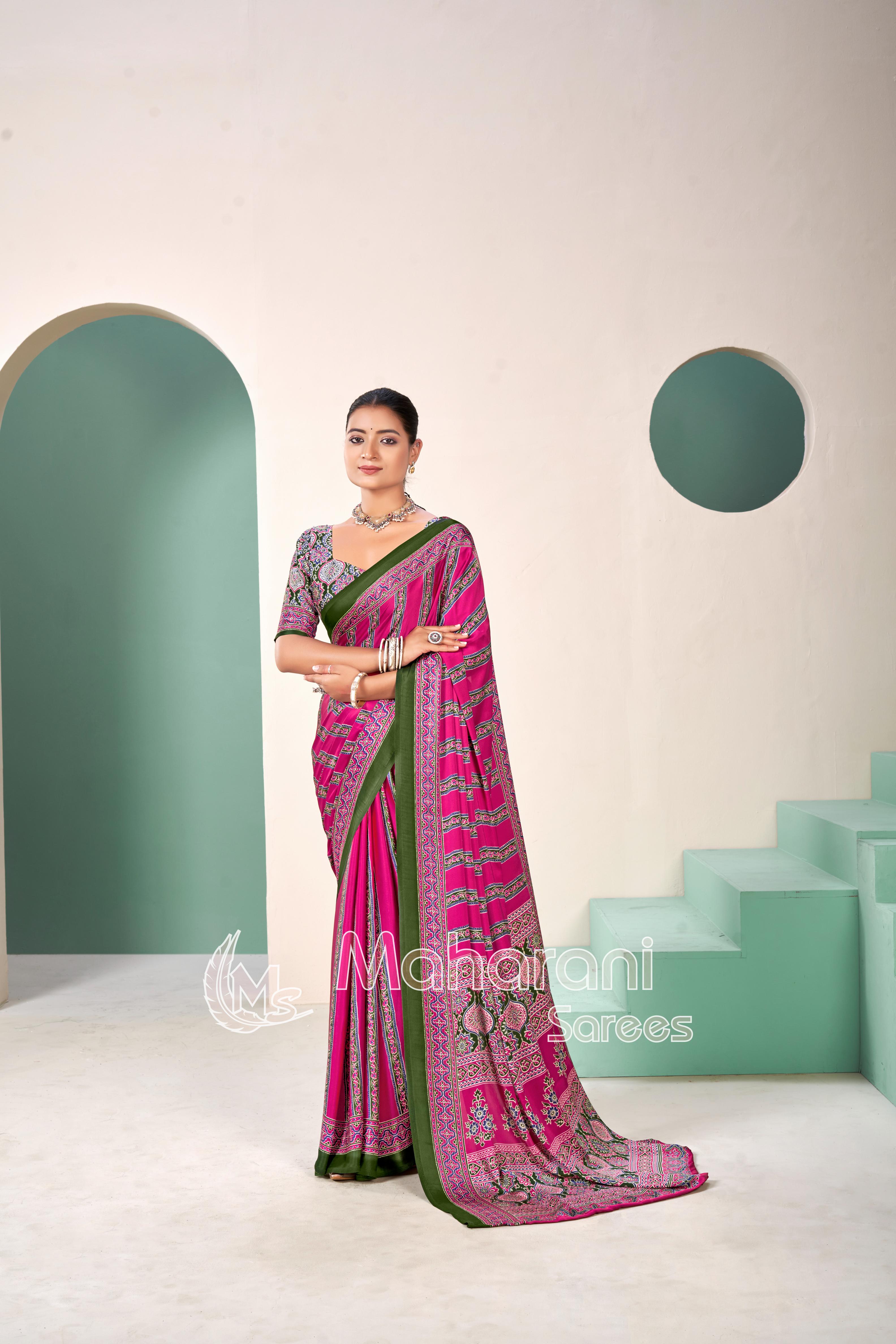 Rani Premium Striped Ajrakh Hand-Printed Modal Silk Saree