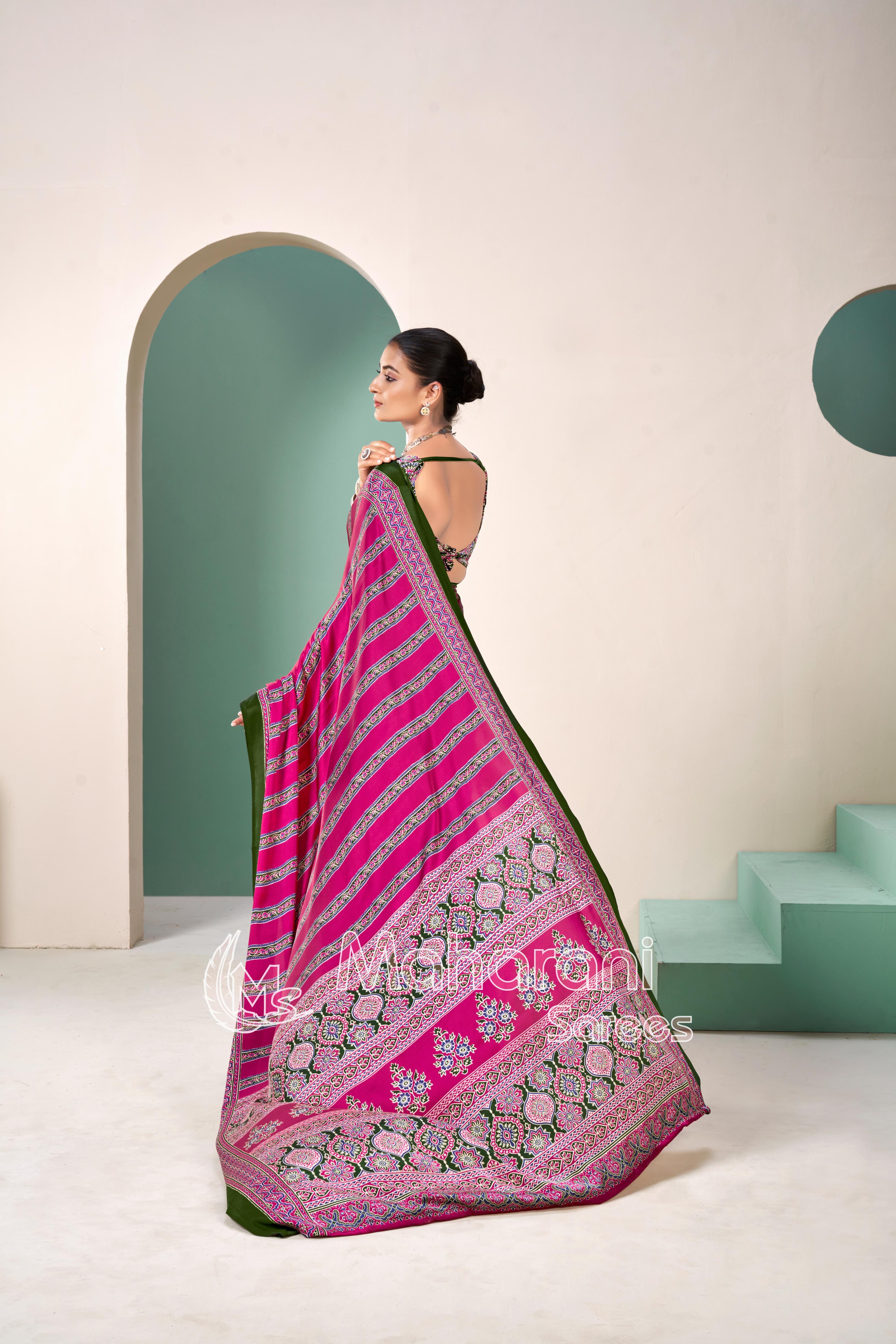 Rani Premium Striped Ajrakh Hand-Printed Modal Silk Saree