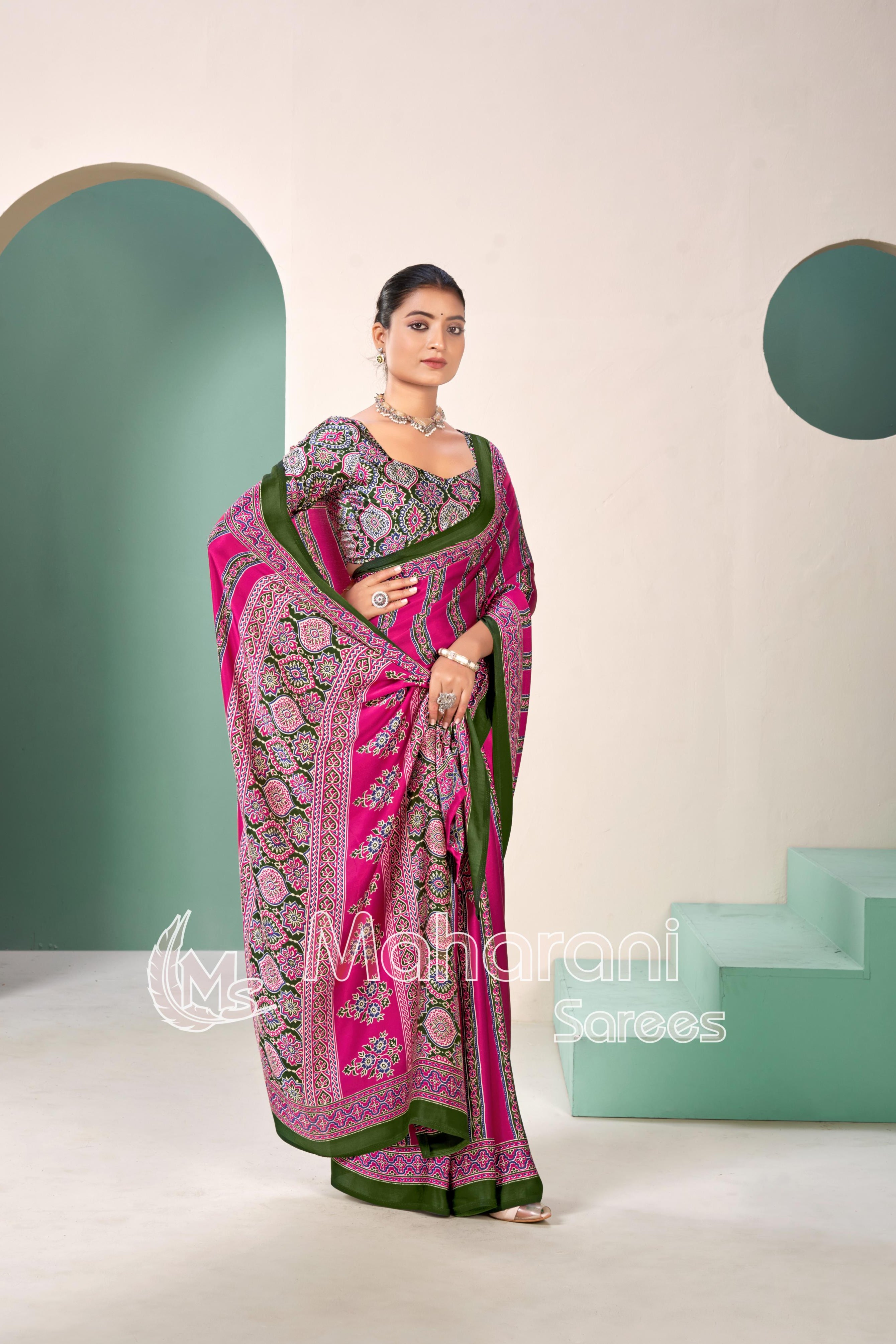 Rani Premium Striped Ajrakh Hand-Printed Modal Silk Saree