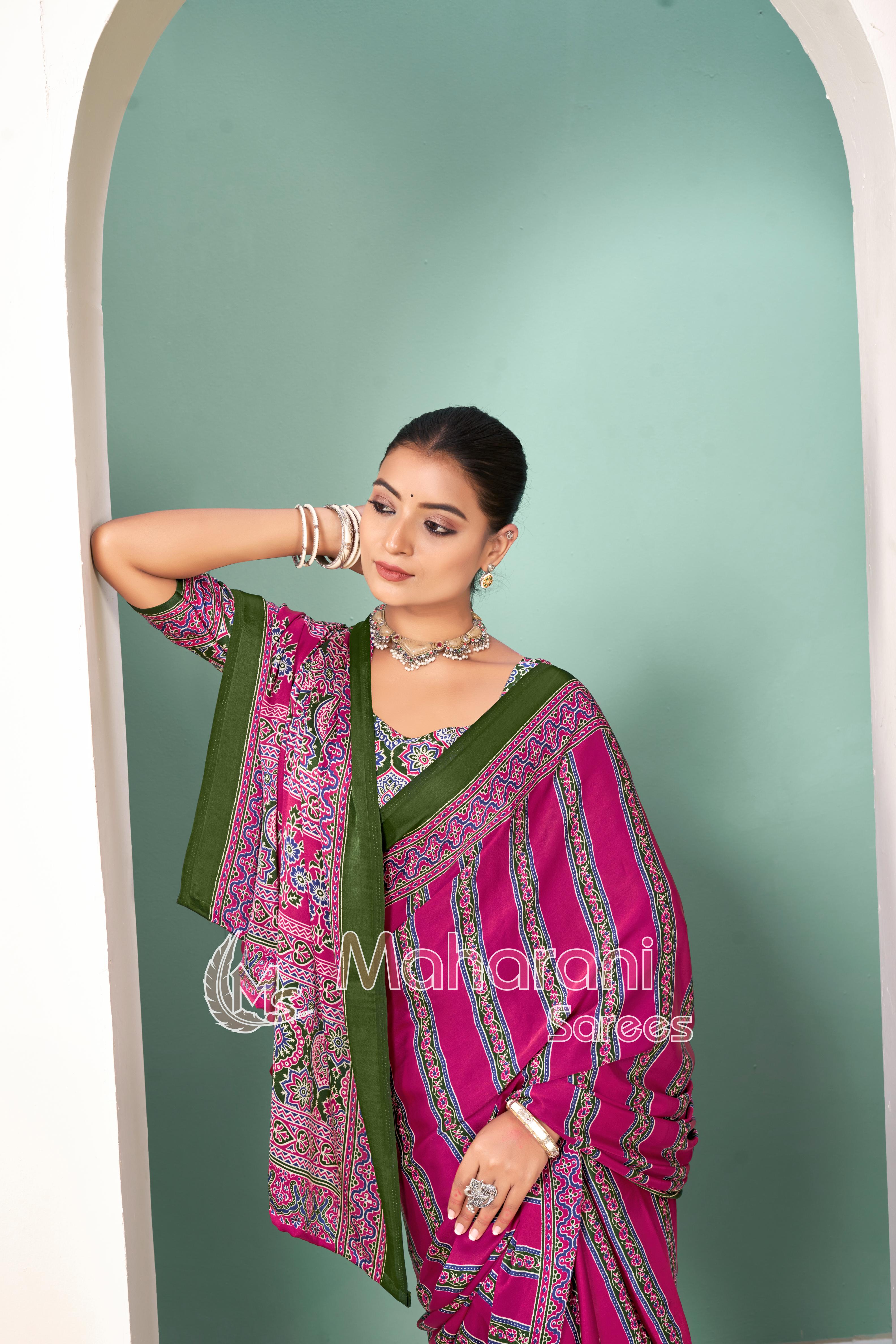 Rani Premium Striped Ajrakh Hand-Printed Modal Silk Saree