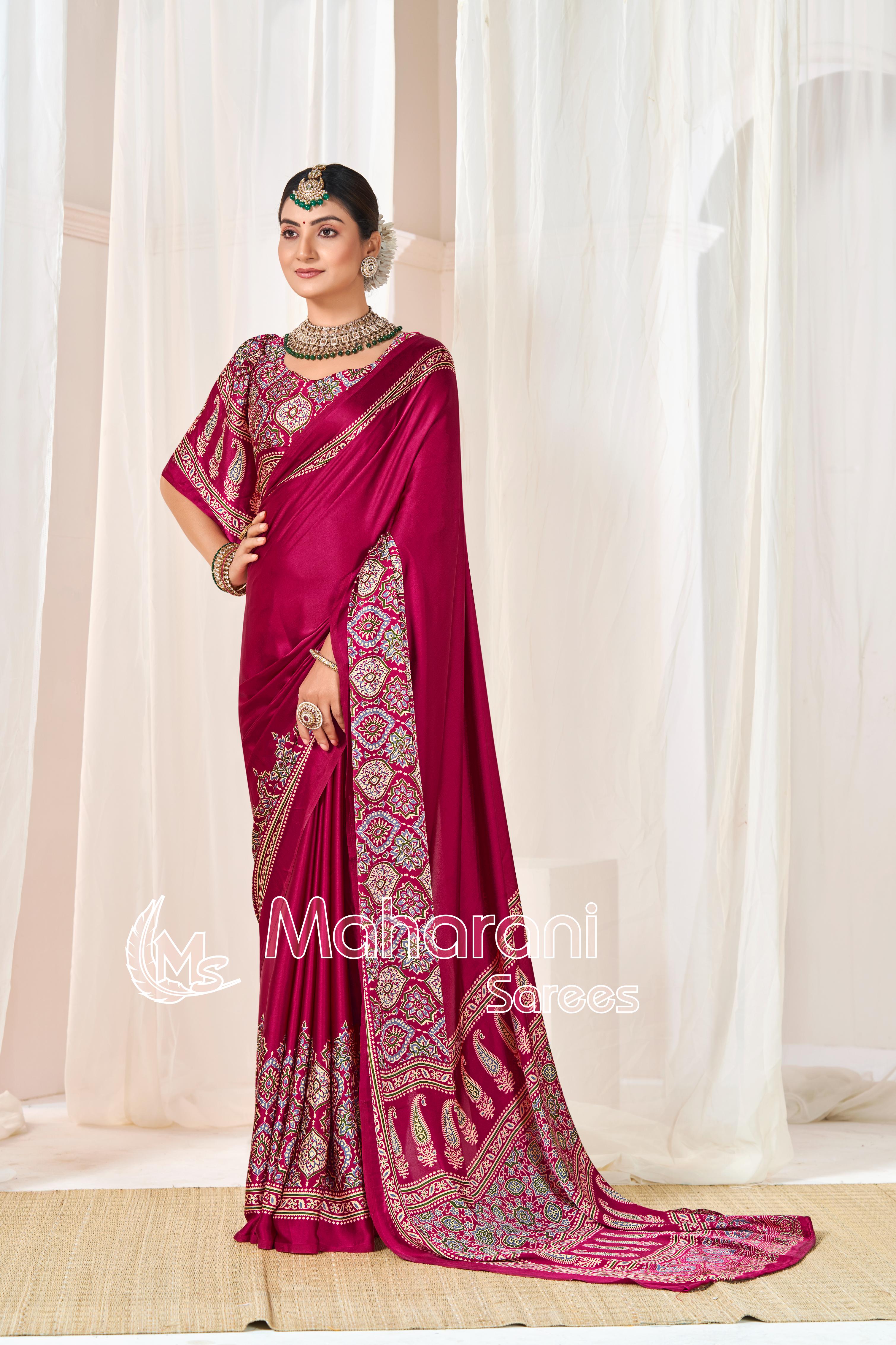 Rani Ajrakh Printed Modal Silk Plain Saree With Ajrakh Blouse P6