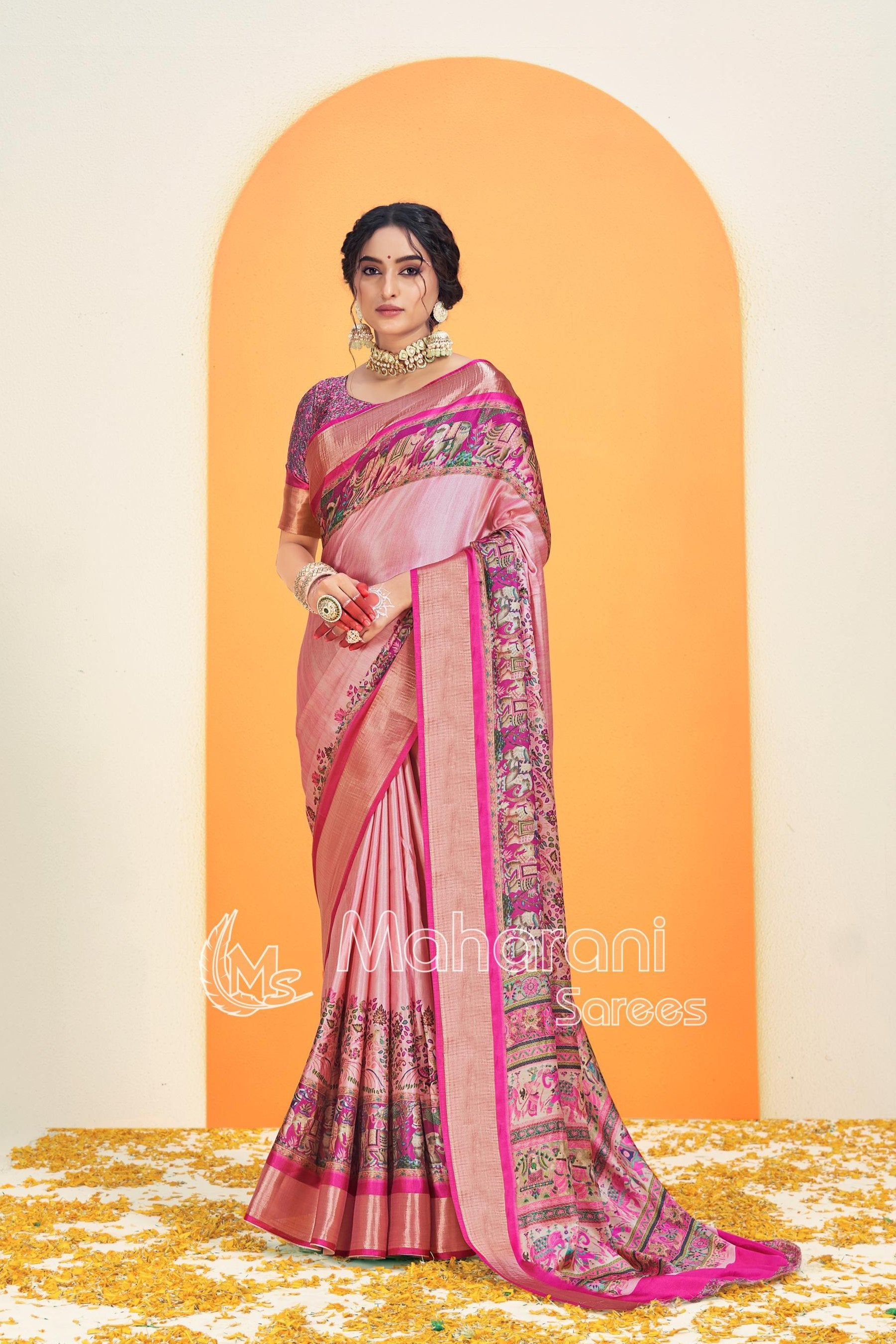 Pink Kalmkari With Pashmina Design Mysore Silk Saree