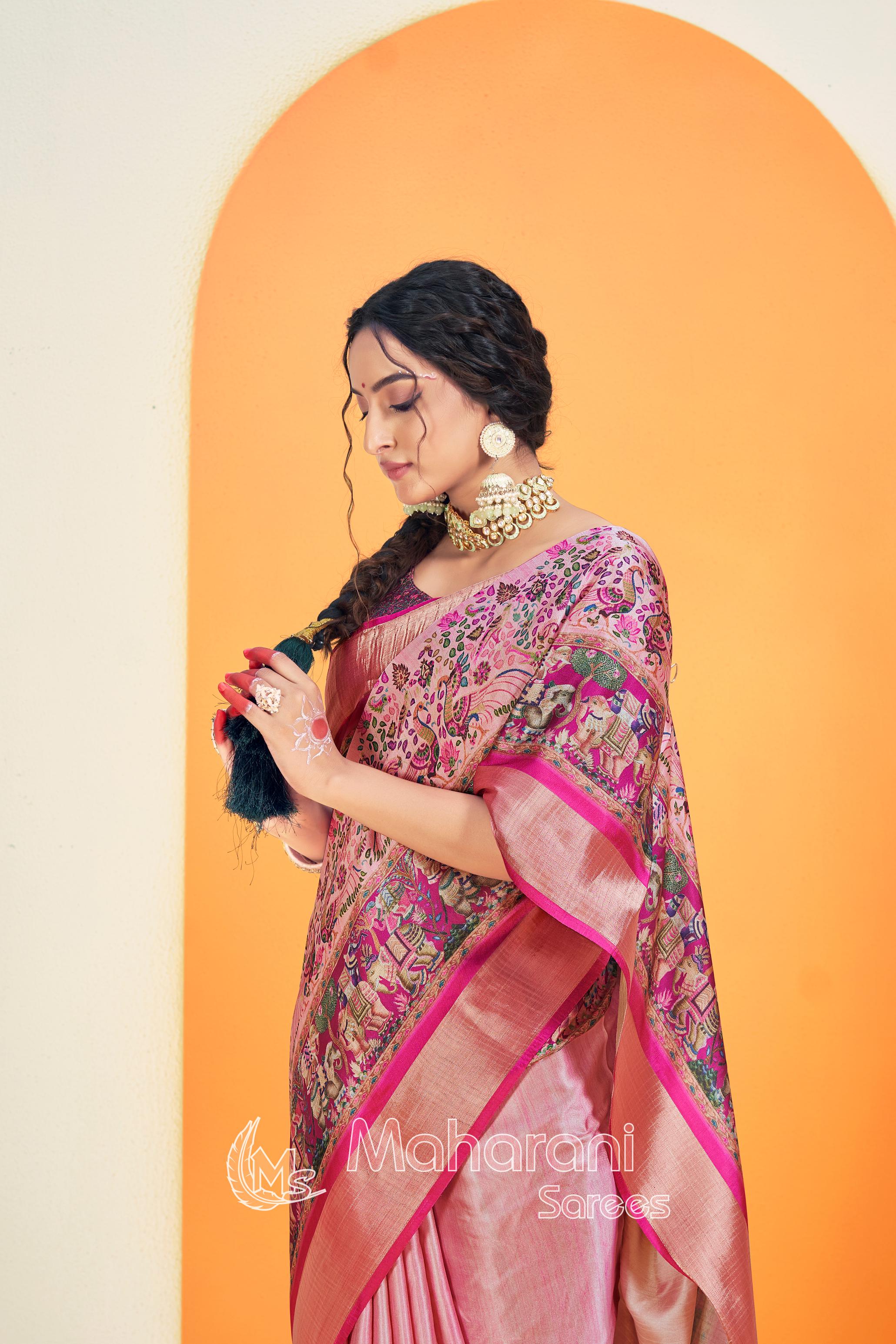 Pink Kalmkari With Pashmina Design Mysore Silk Saree