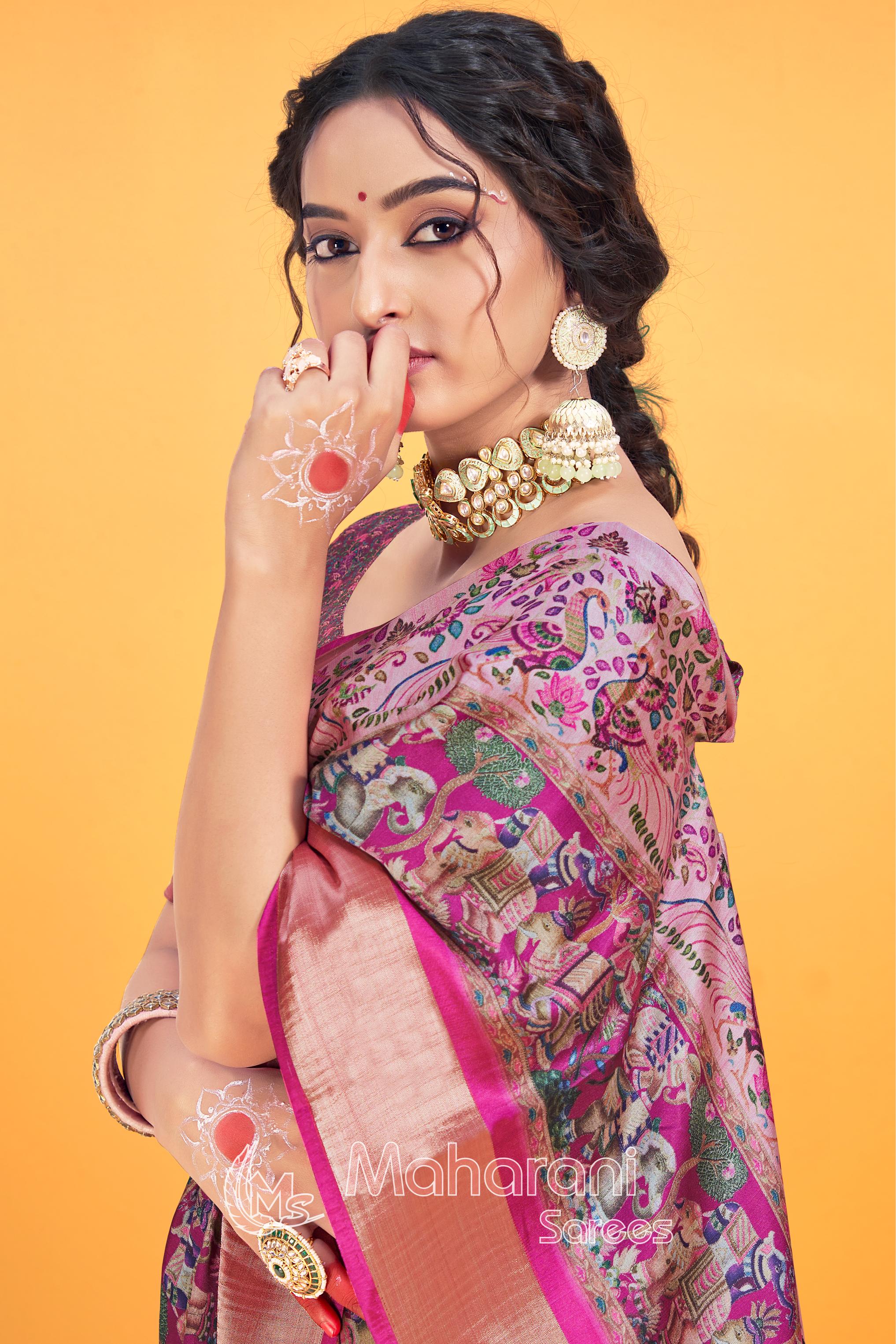 Pink Kalmkari With Pashmina Design Mysore Silk Saree