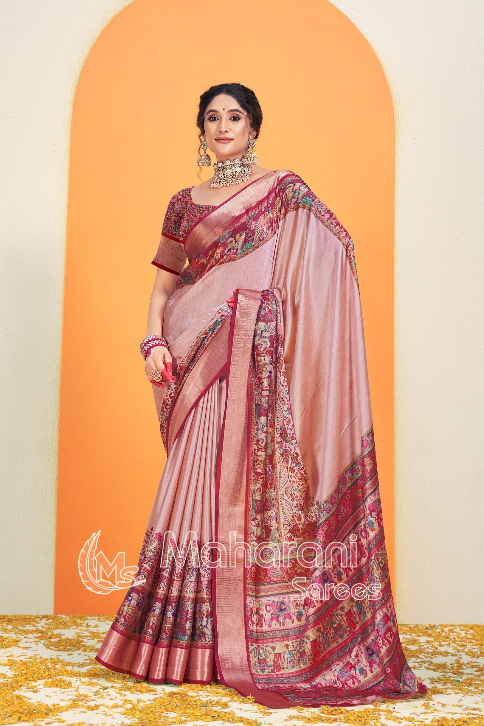 Maroon Pink Kalmkari With Pashmina Design Mysore Silk Saree