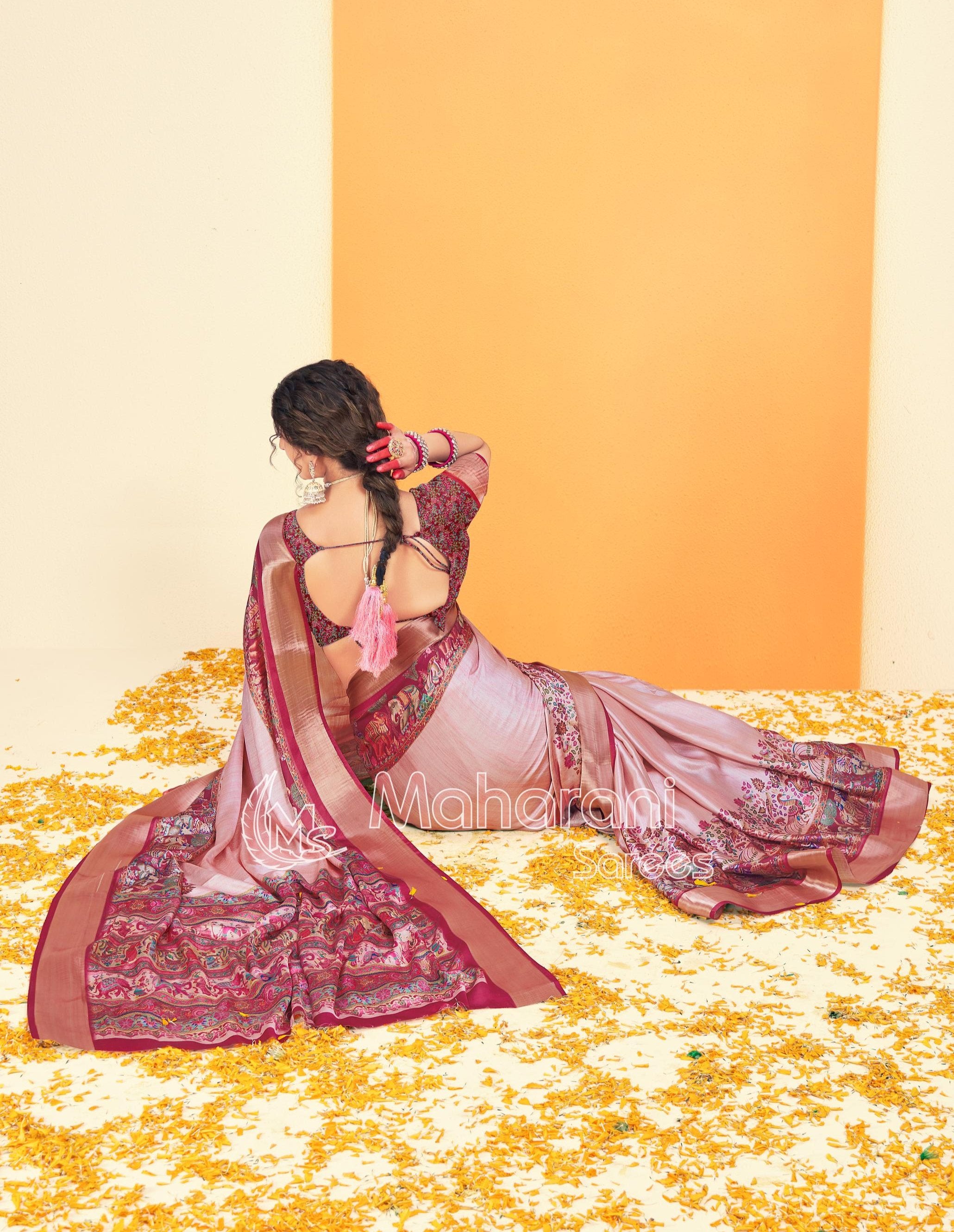 Maroon Pink Kalmkari With Pashmina Design Mysore Silk Saree