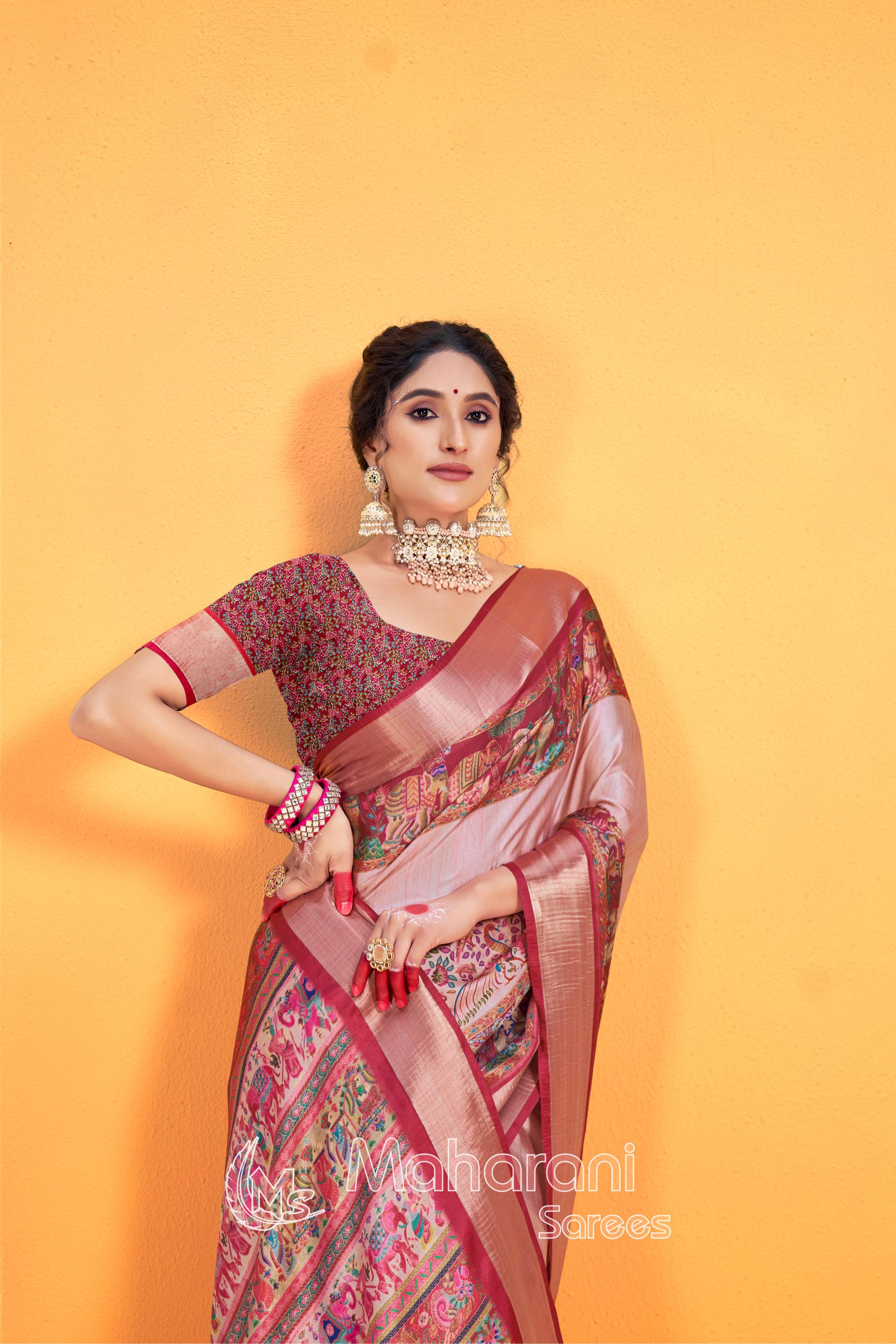 Maroon Pink Kalmkari With Pashmina Design Mysore Silk Saree