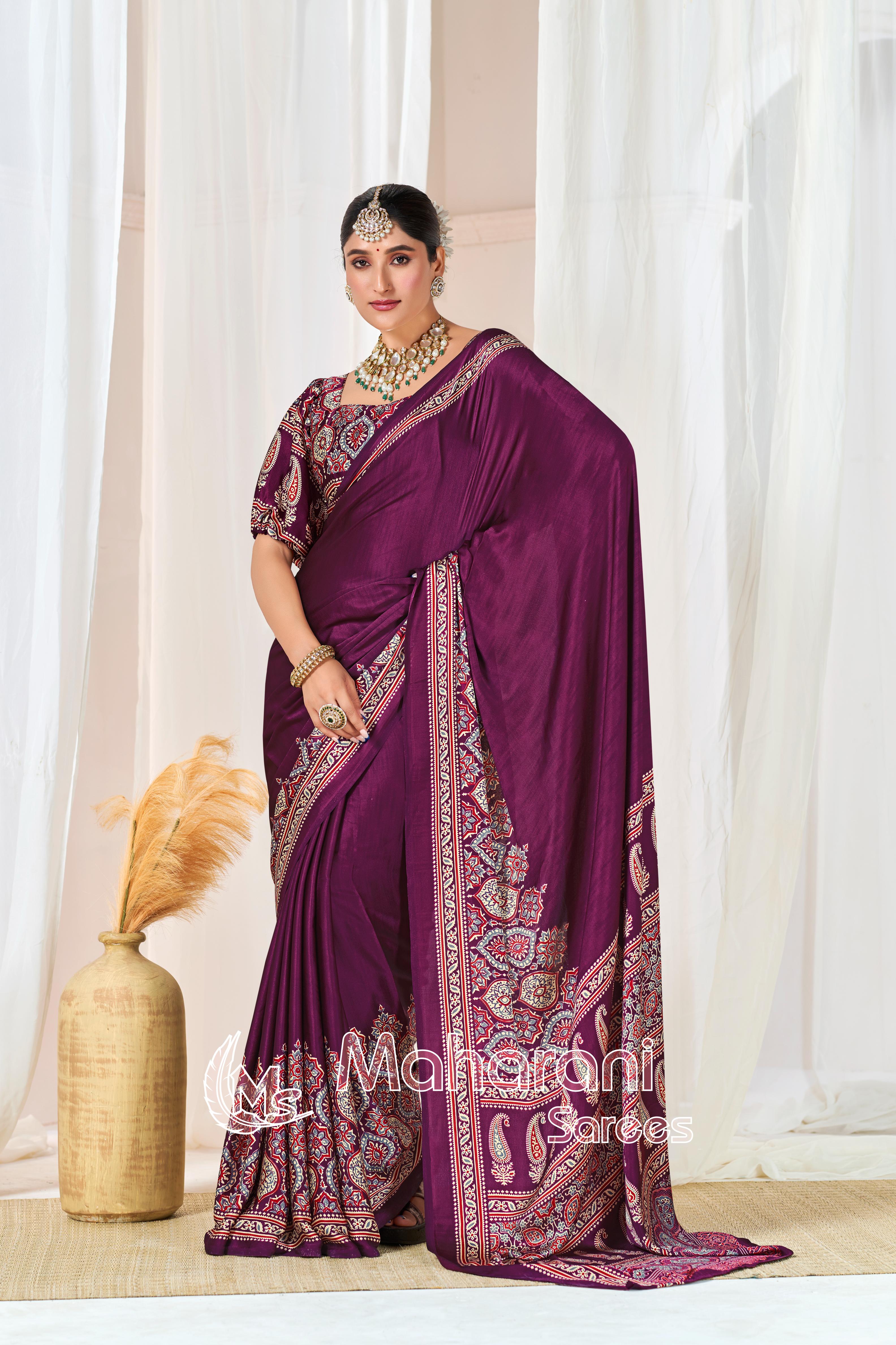 Wine Ajrakh Printed Modal Silk Plain Saree With Ajrakh Blouse P6