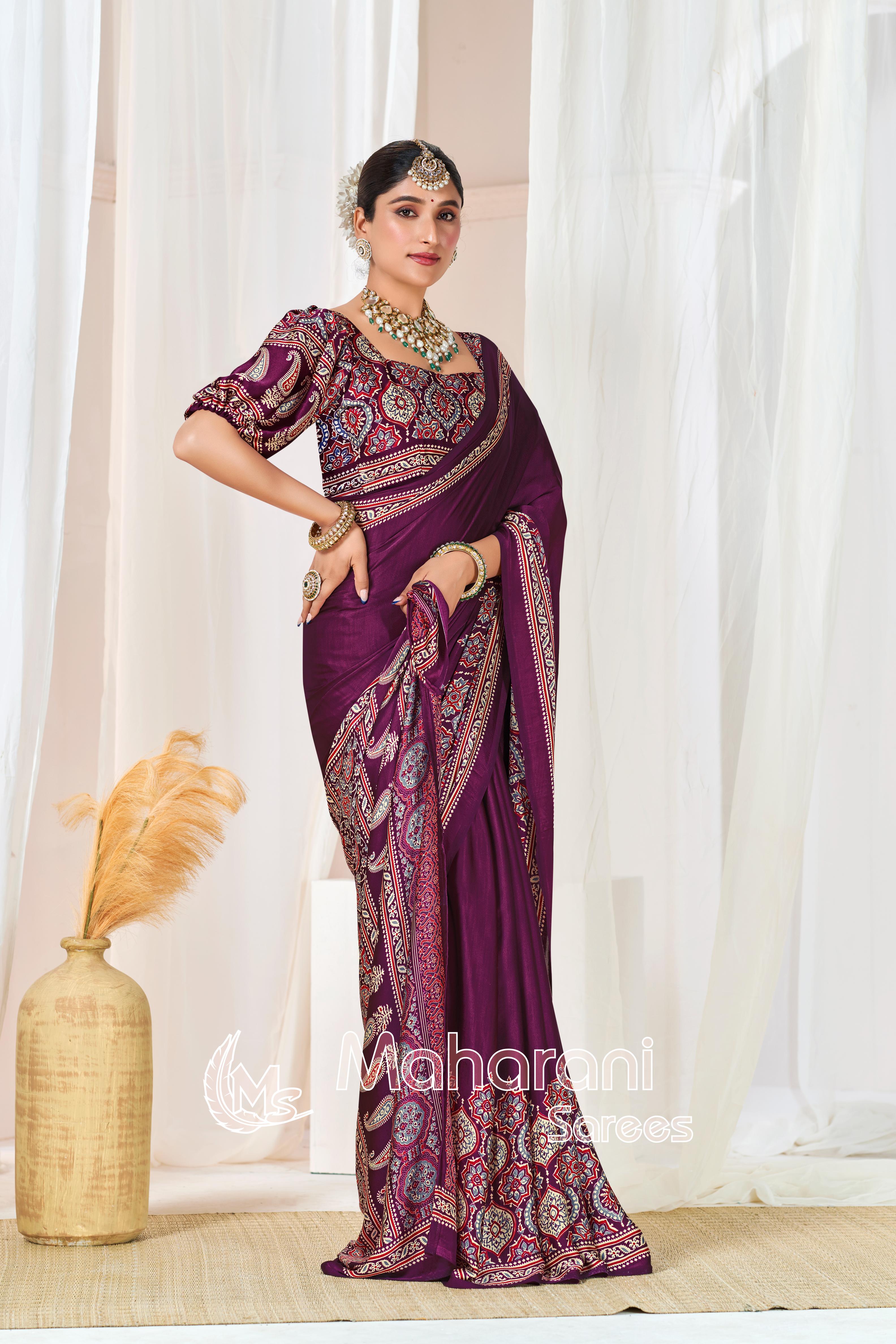 Wine Ajrakh Printed Modal Silk Plain Saree With Ajrakh Blouse P6