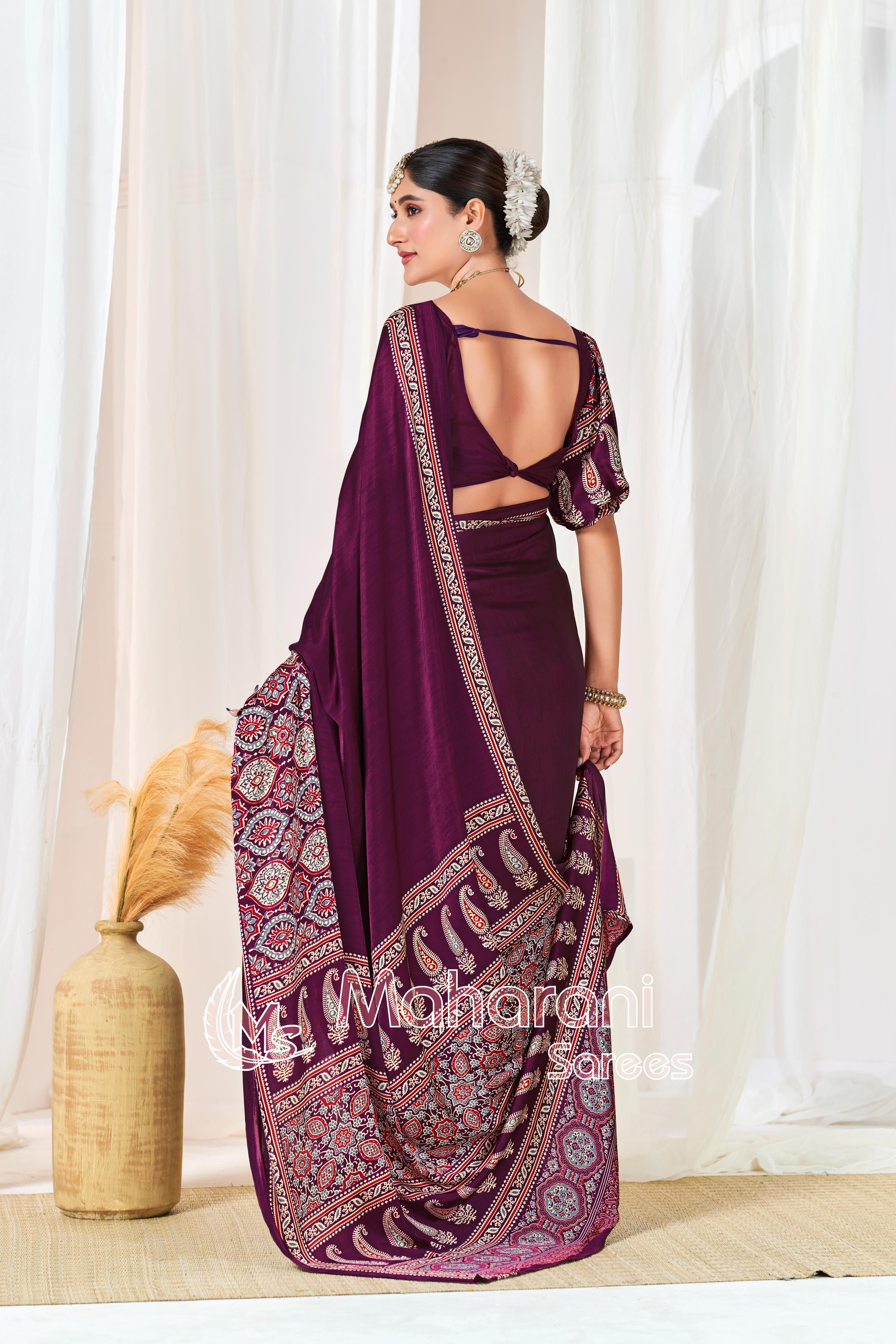 Wine Ajrakh Printed Modal Silk Plain Saree With Ajrakh Blouse P6