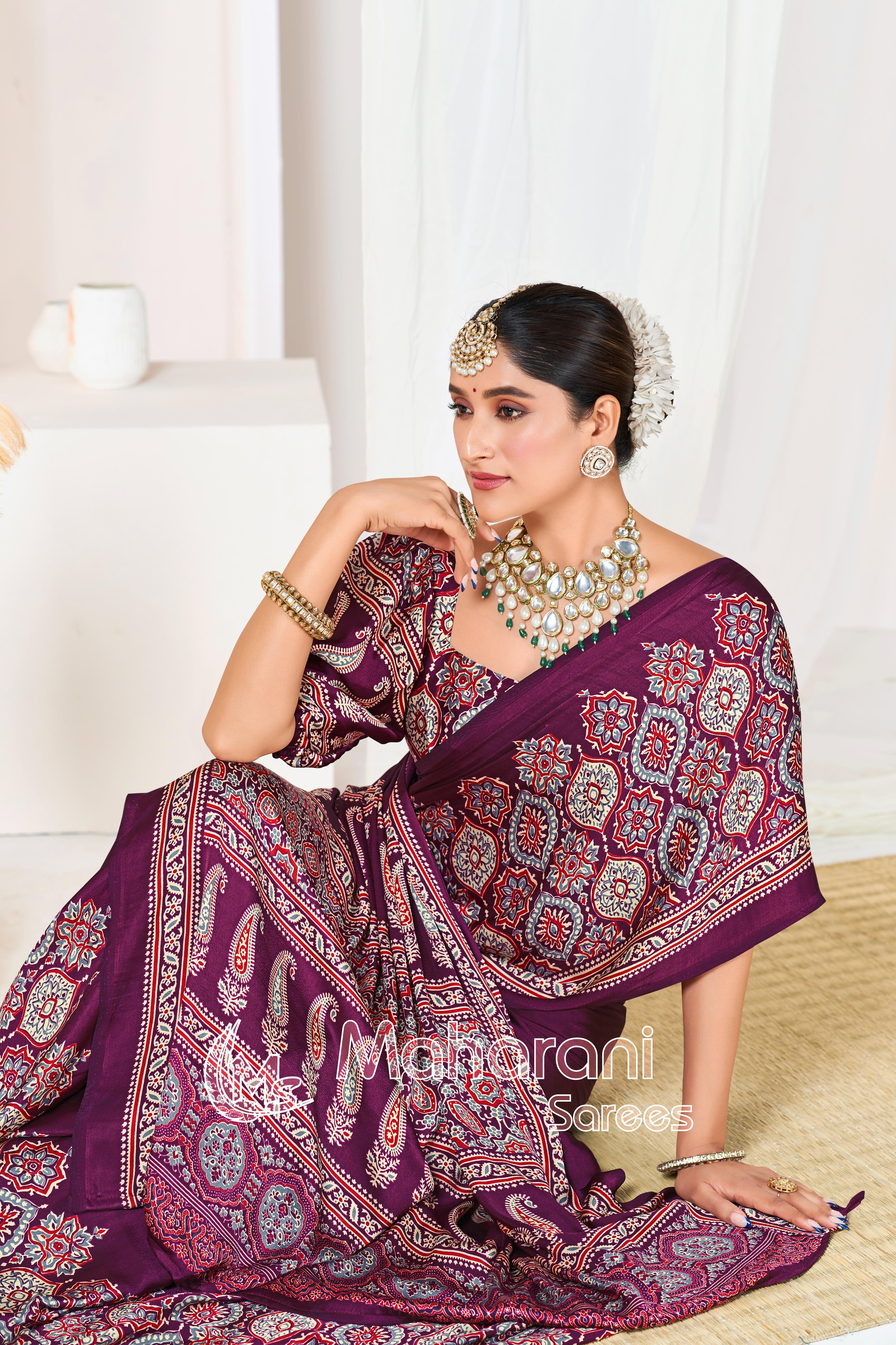 Wine Ajrakh Printed Modal Silk Plain Saree With Ajrakh Blouse P6