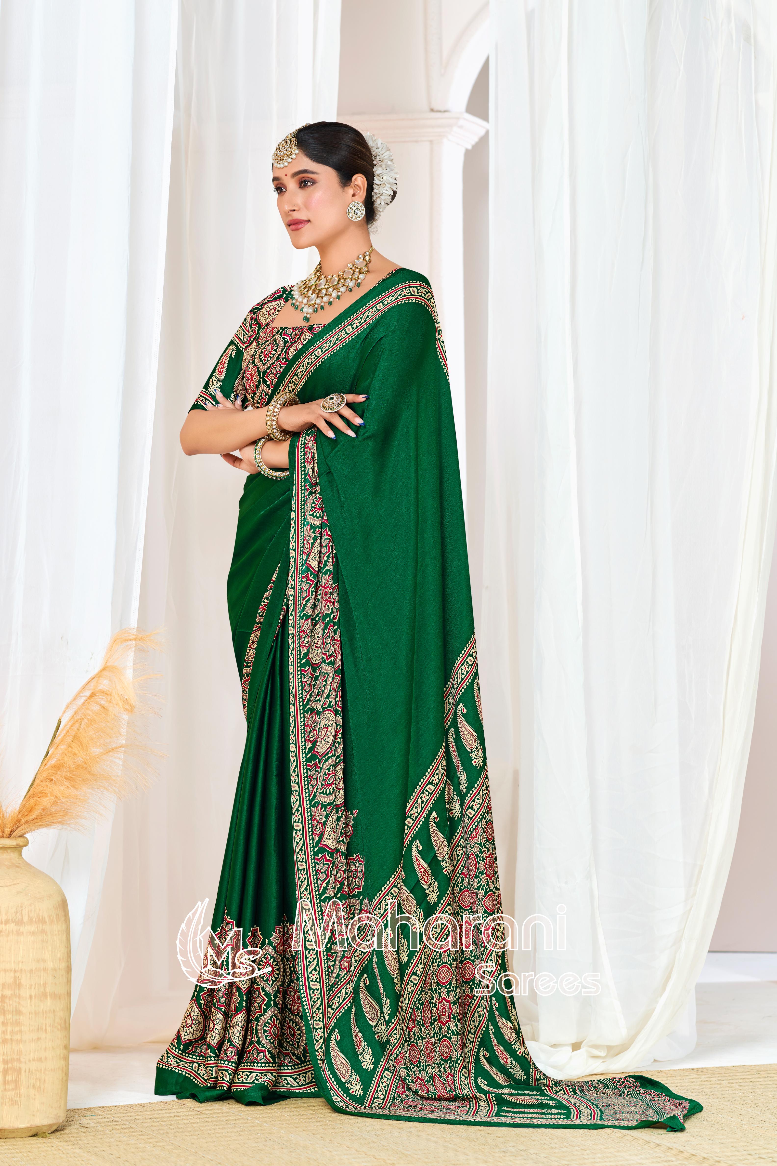 Green Ajrakh Printed Modal Silk Plain Saree With Ajrakh Blouse P6