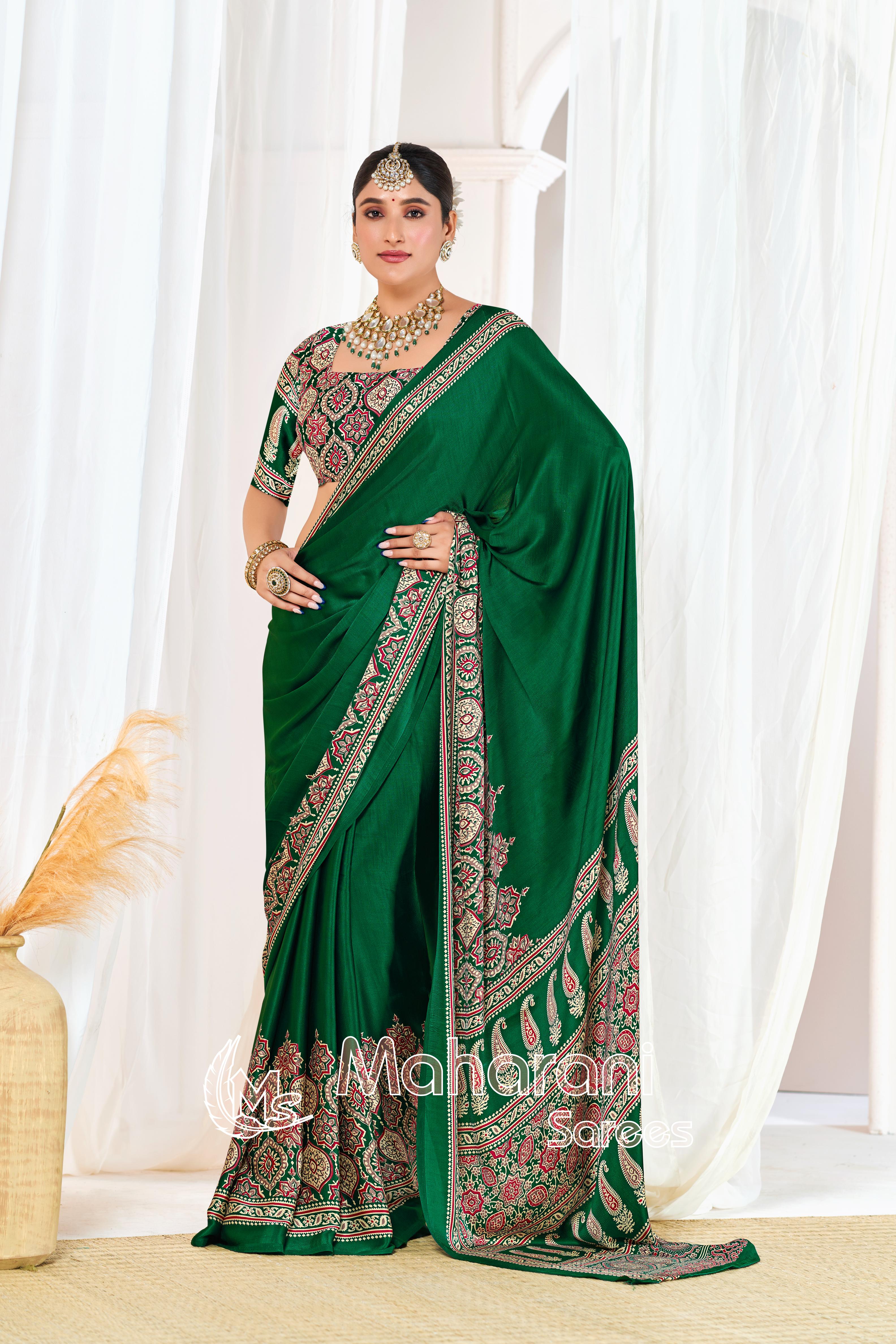 Green Ajrakh Printed Modal Silk Plain Saree With Ajrakh Blouse P6