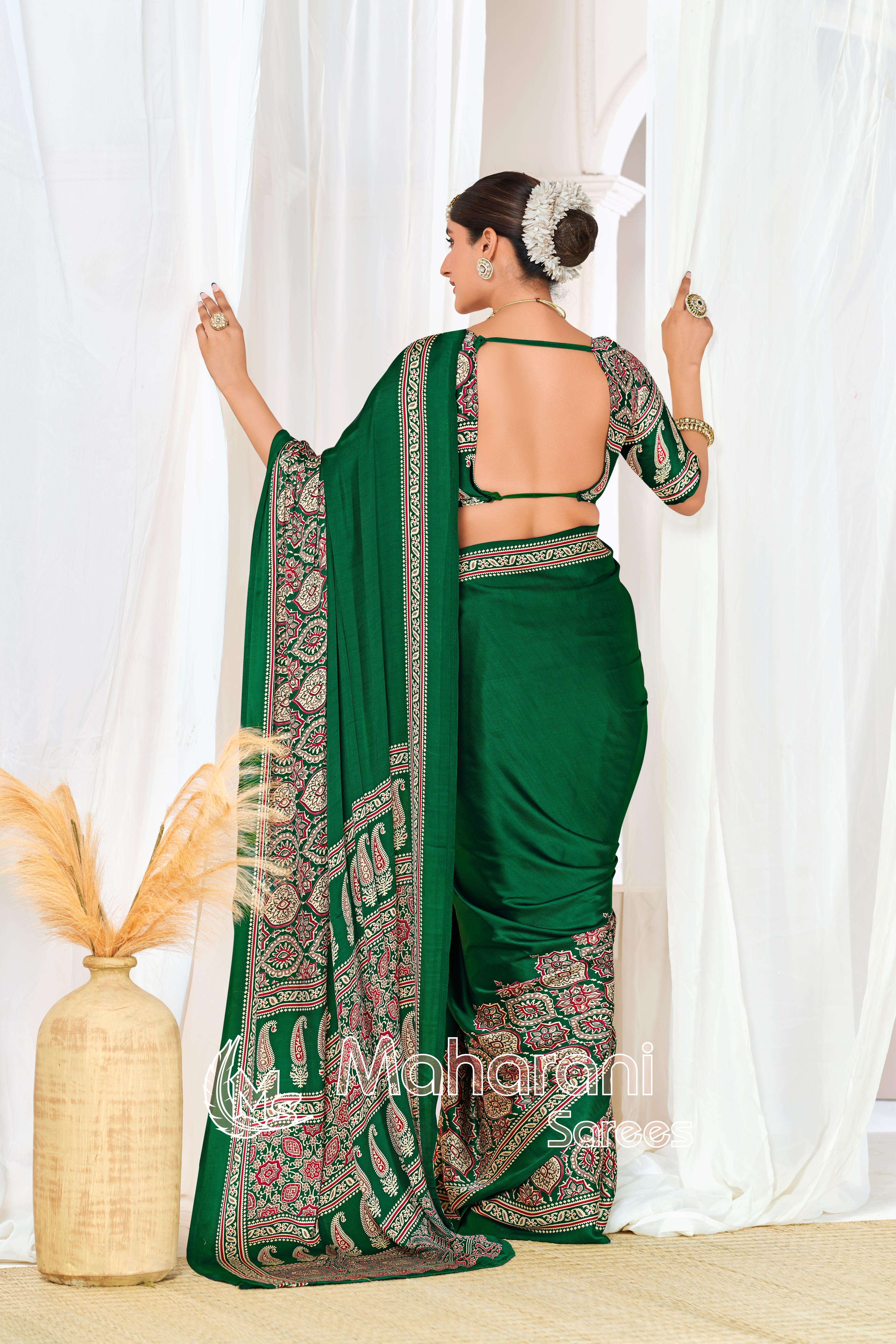 Green Ajrakh Printed Modal Silk Plain Saree With Ajrakh Blouse P6