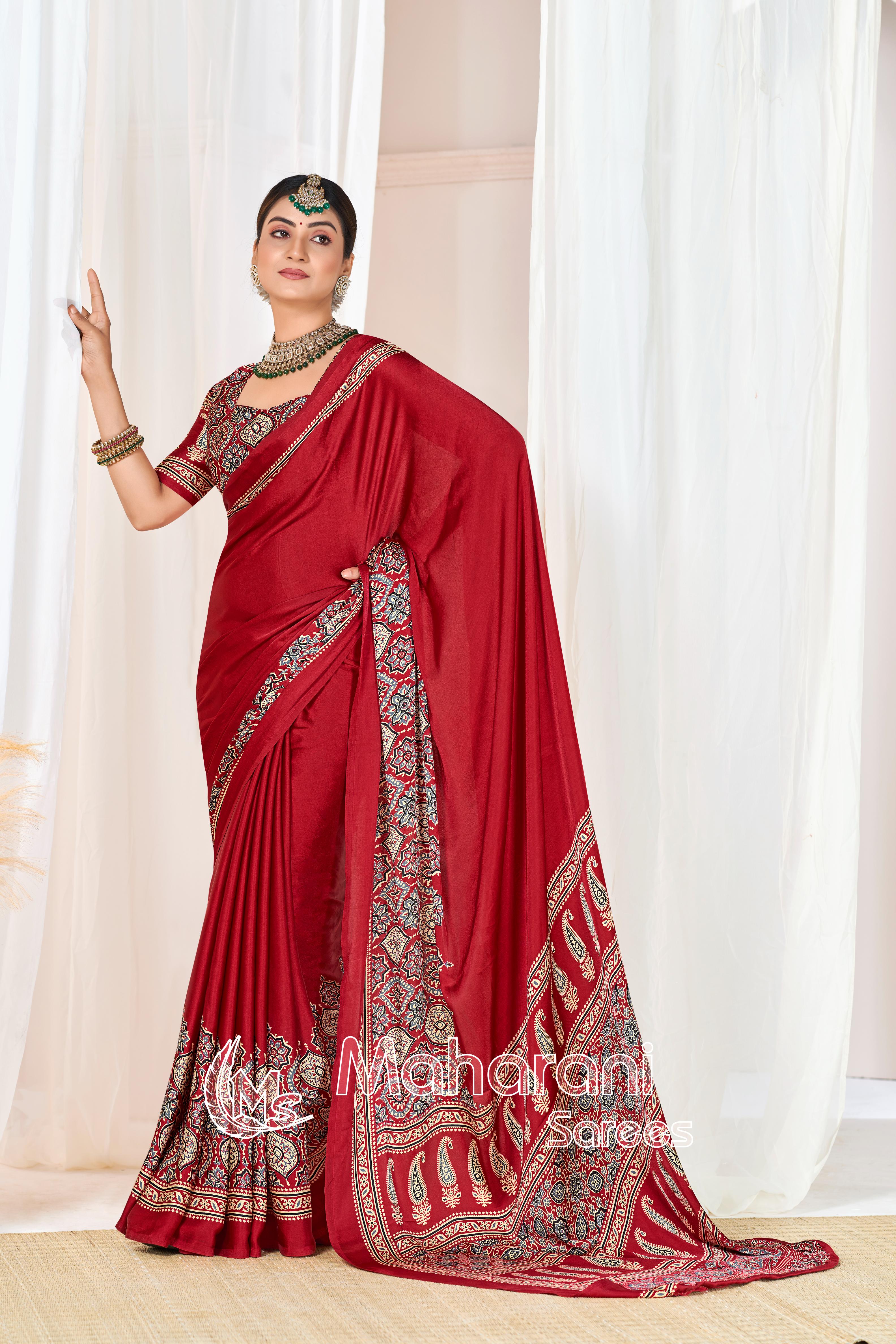 Maroon Ajrakh Printed Modal Silk Plain Saree With Ajrakh Blouse P6