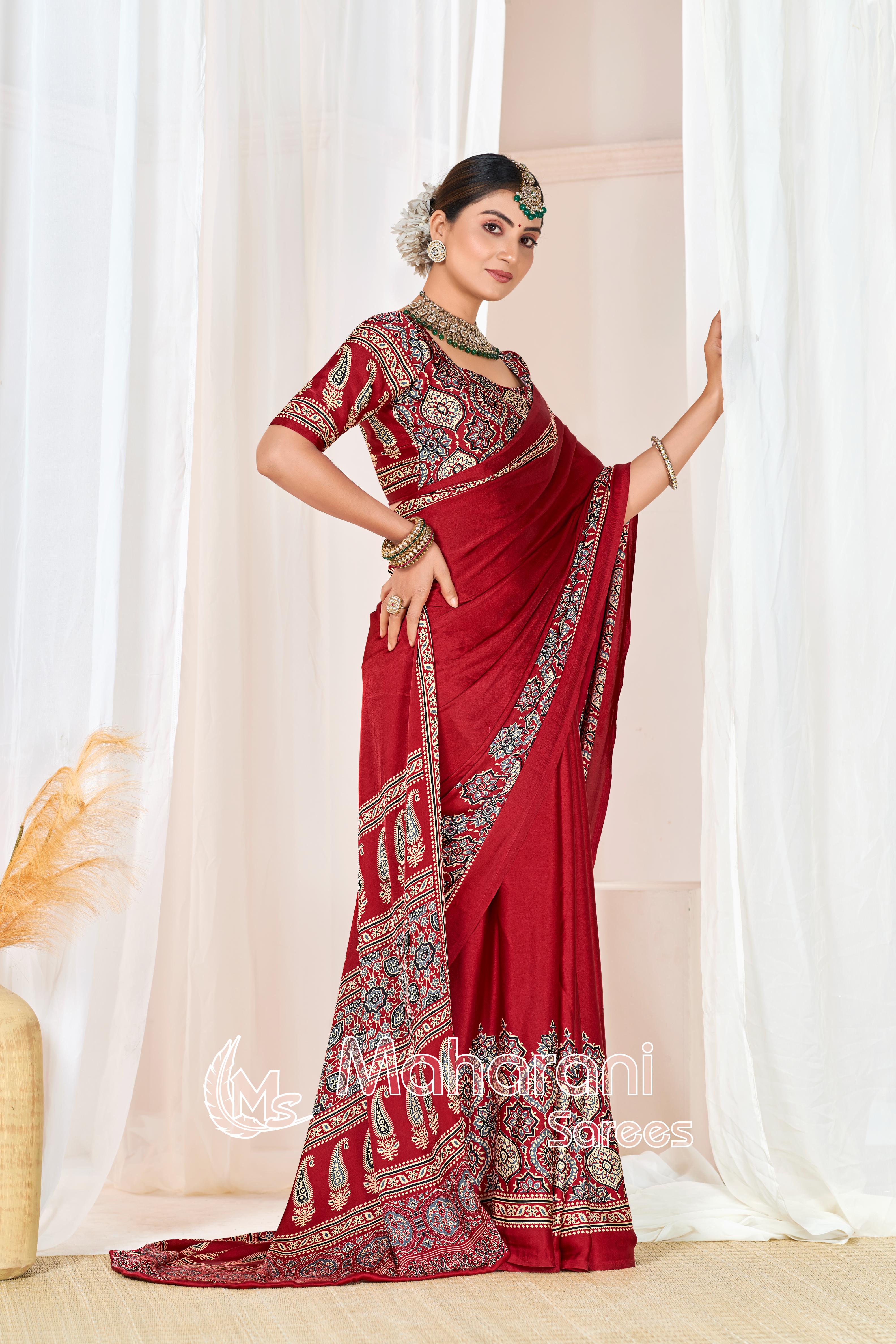 Maroon Ajrakh Printed Modal Silk Plain Saree With Ajrakh Blouse P6