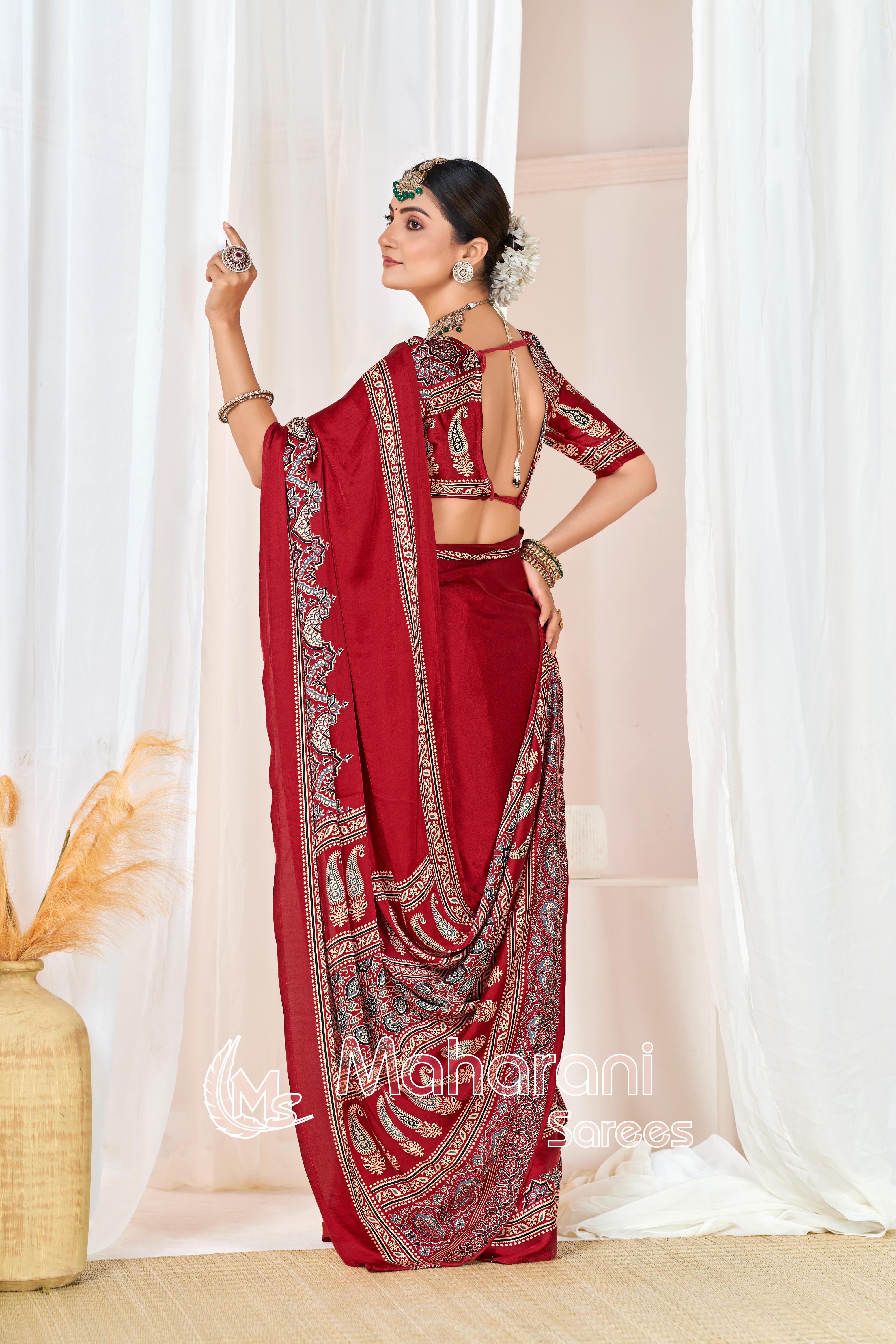 Maroon Ajrakh Printed Modal Silk Plain Saree With Ajrakh Blouse P6