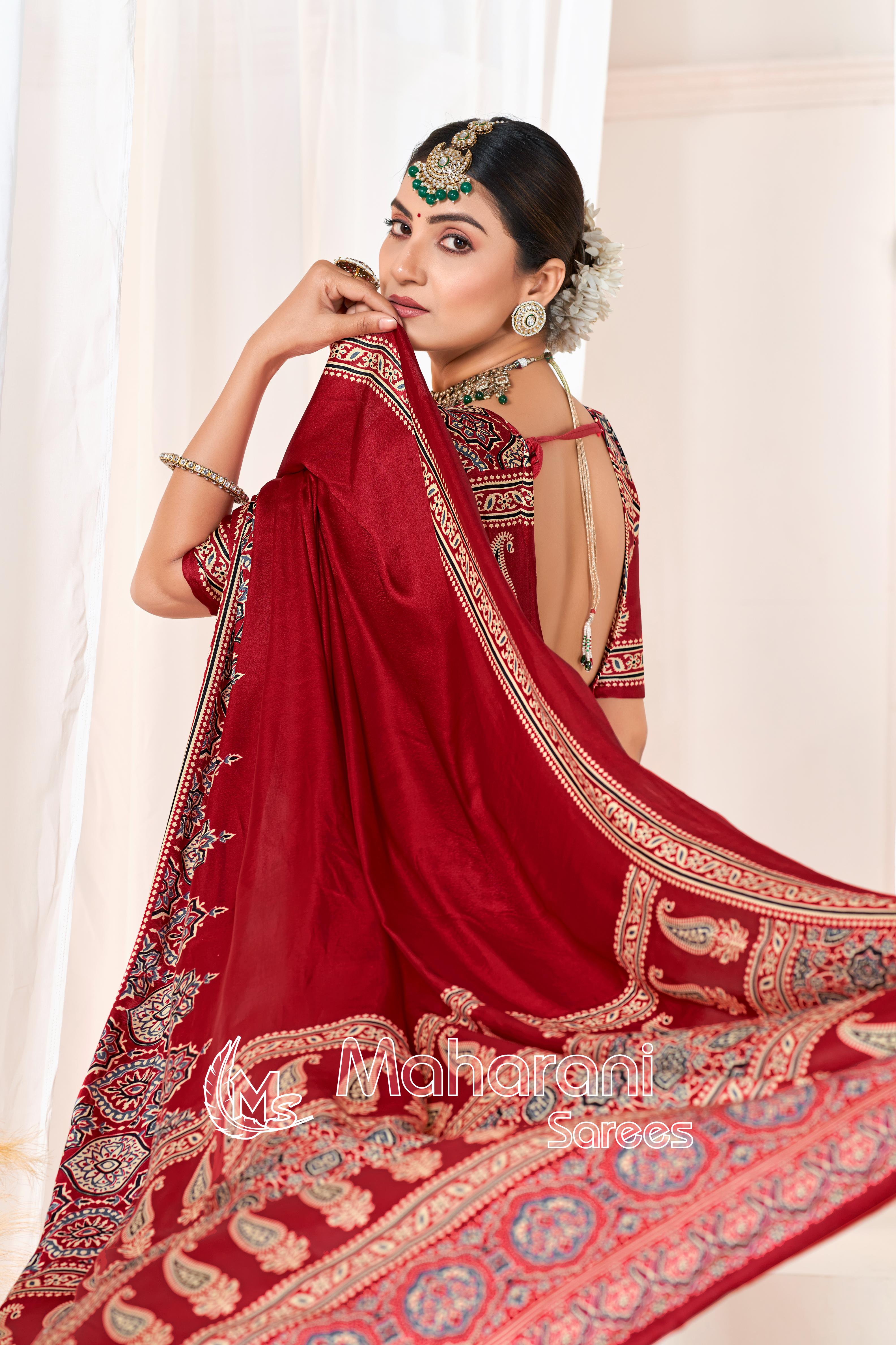 Maroon Ajrakh Printed Modal Silk Plain Saree With Ajrakh Blouse P6