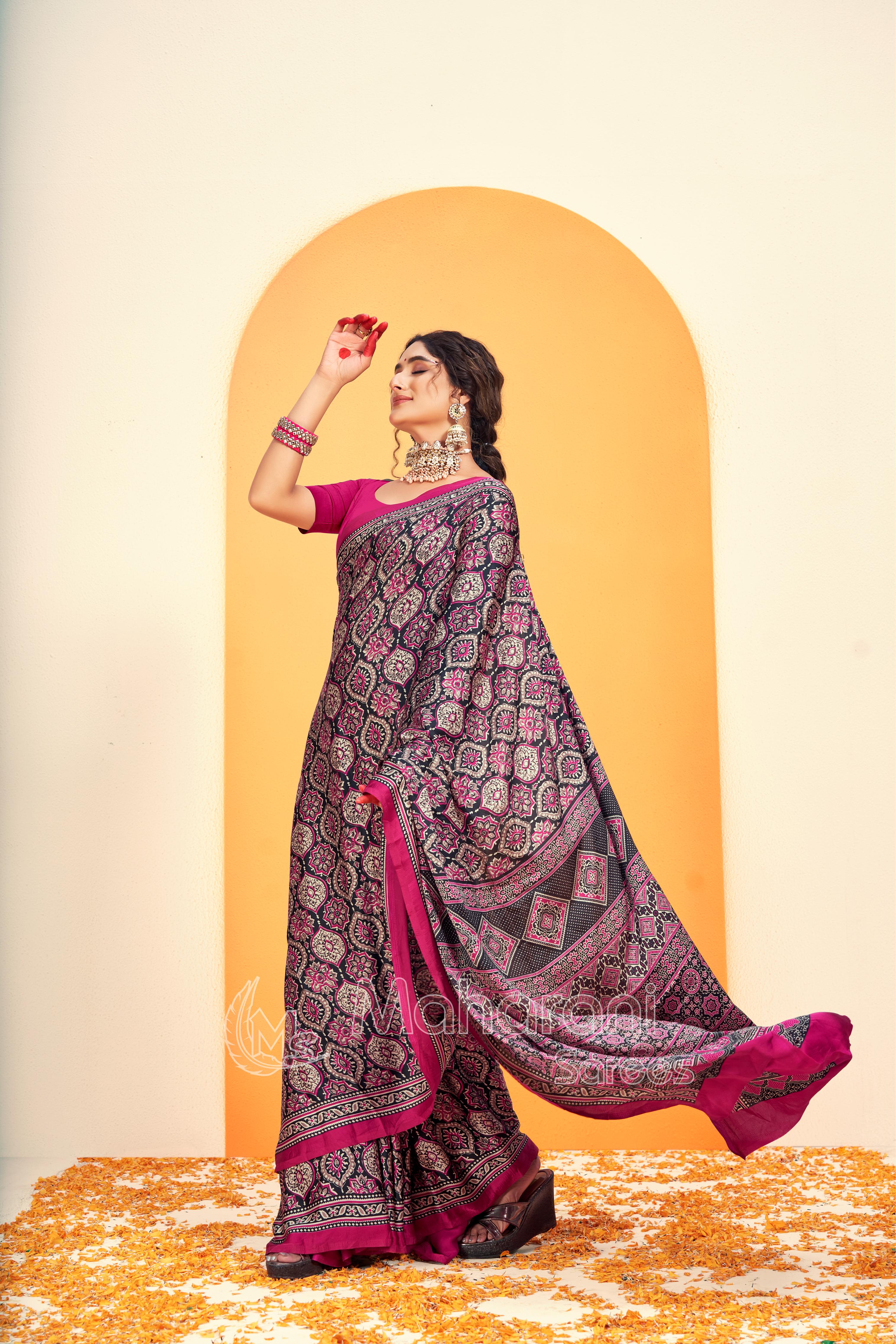 Pure Rani Ajrakh Printed Soft Modal Silk Natural Print Saree P5