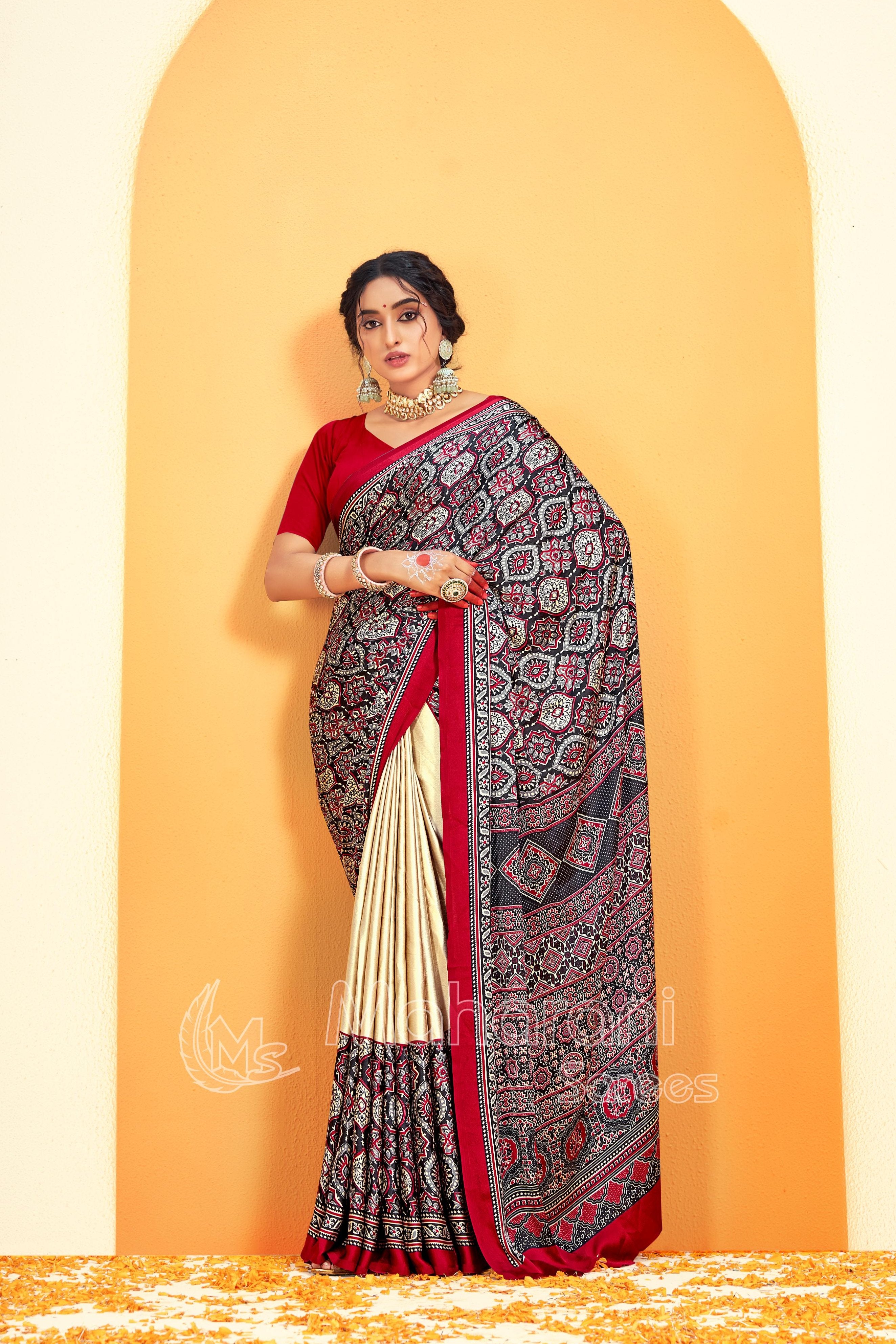 Maroon Border Ajrakh Printed Soft Modal Silk Natural Print Saree P5